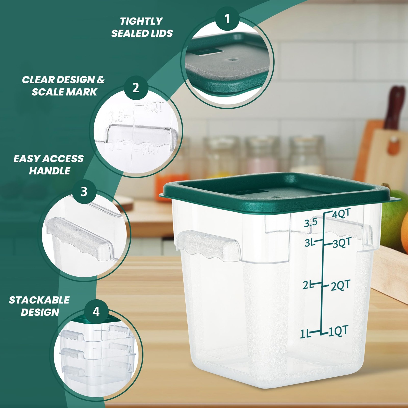 4 Pack 4QT Square Food Storage Containers with Lids