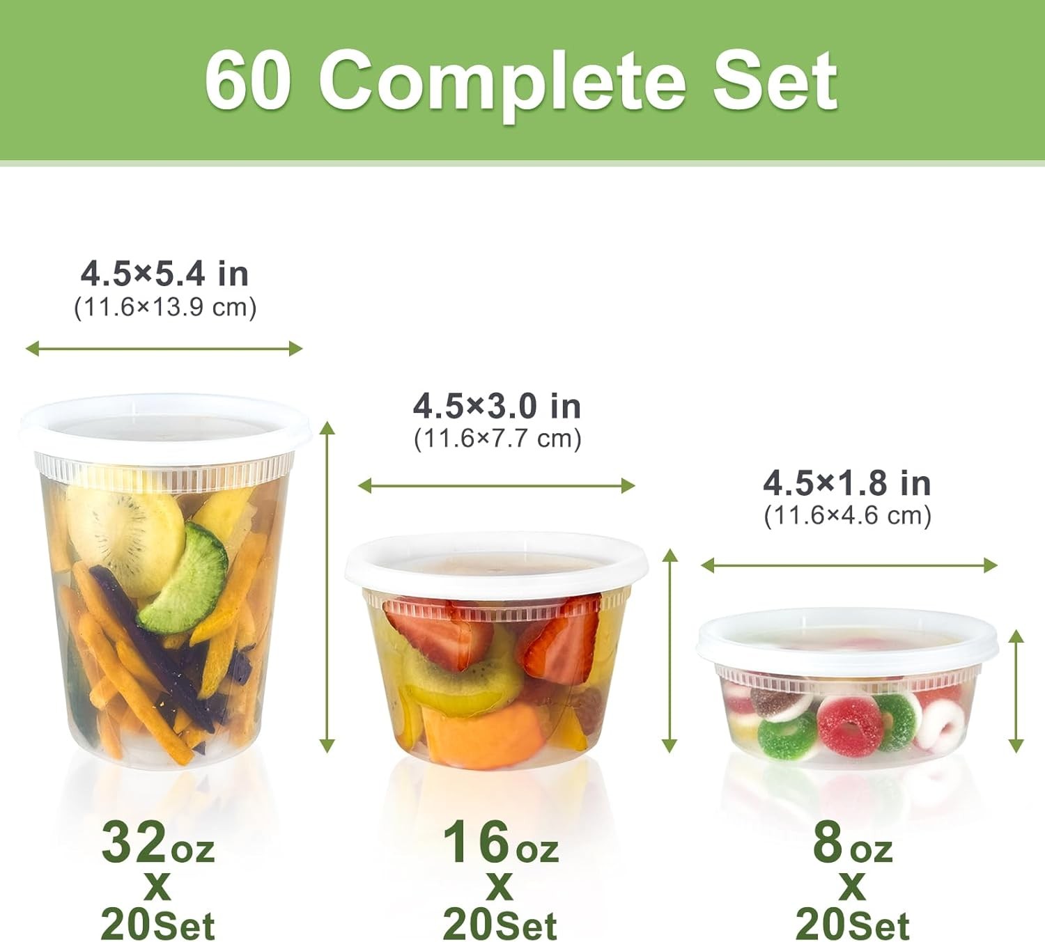 60 Sets (120-Piece) Deli Containers with Lids, 32/16/8 oz X 20 Set Each, Leak-Pr