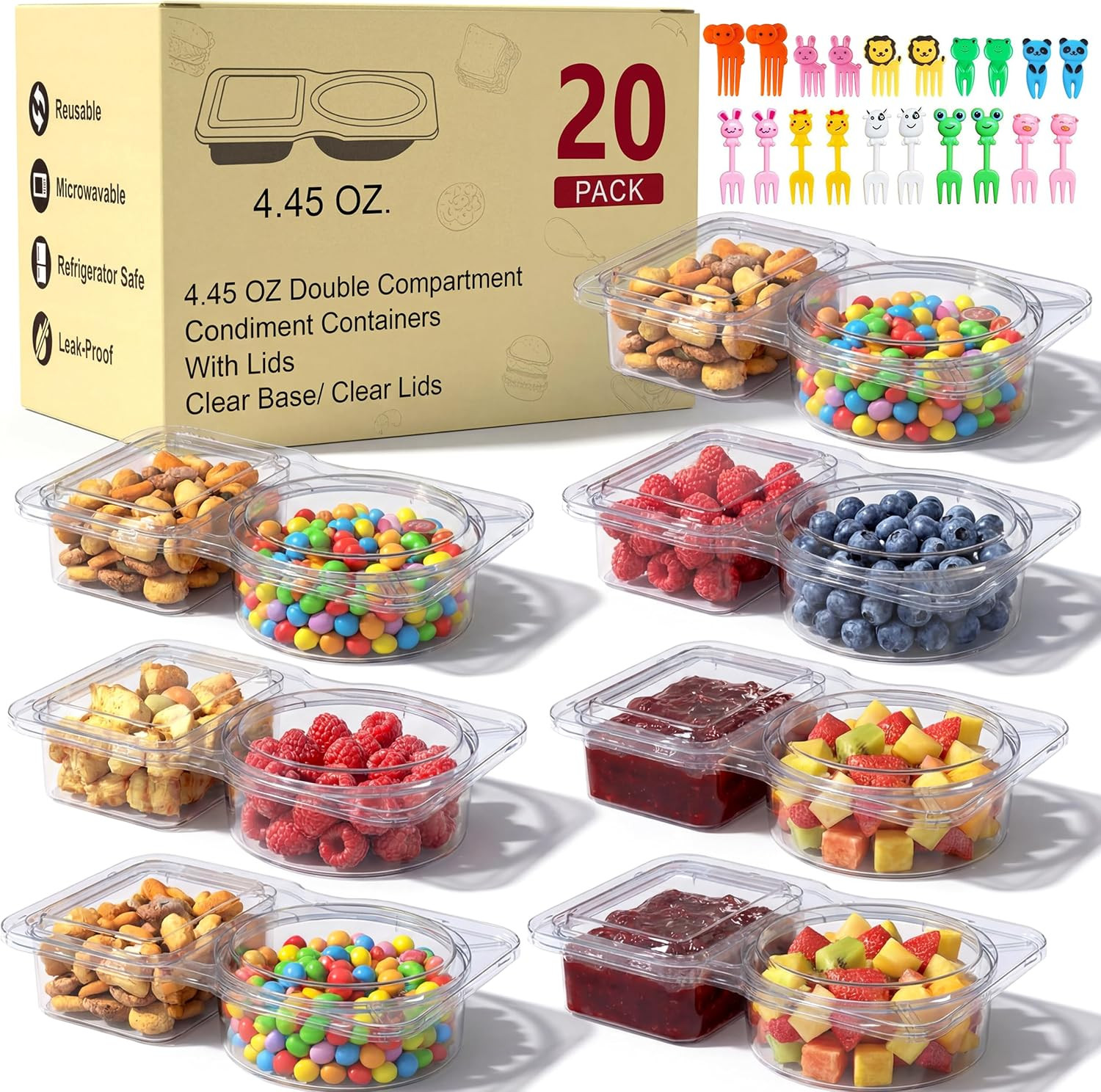 20 Pack Reusable Snack Containers with Lids, Double Compartment Snack Containers