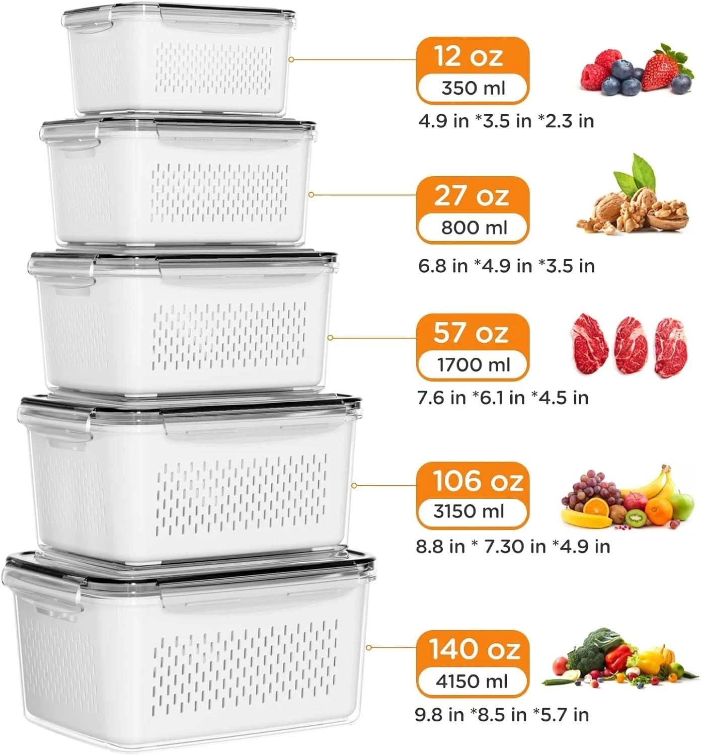 Contenedores de almacenamiento para refrigerador con coladores extraíbles US NEW