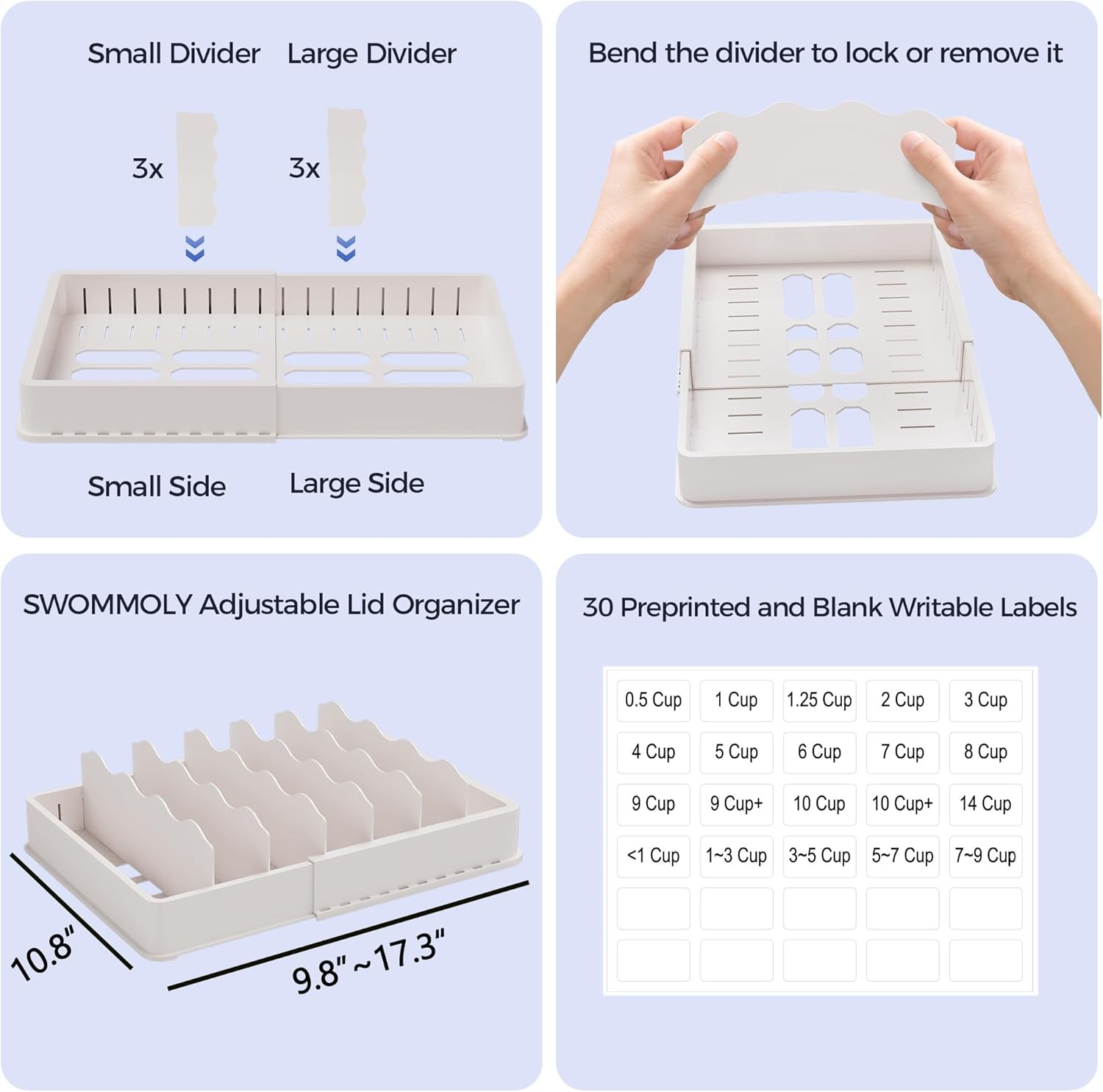 Expandable Food Storage Container Lid Organizer Includes 6 Adjustable Dividers