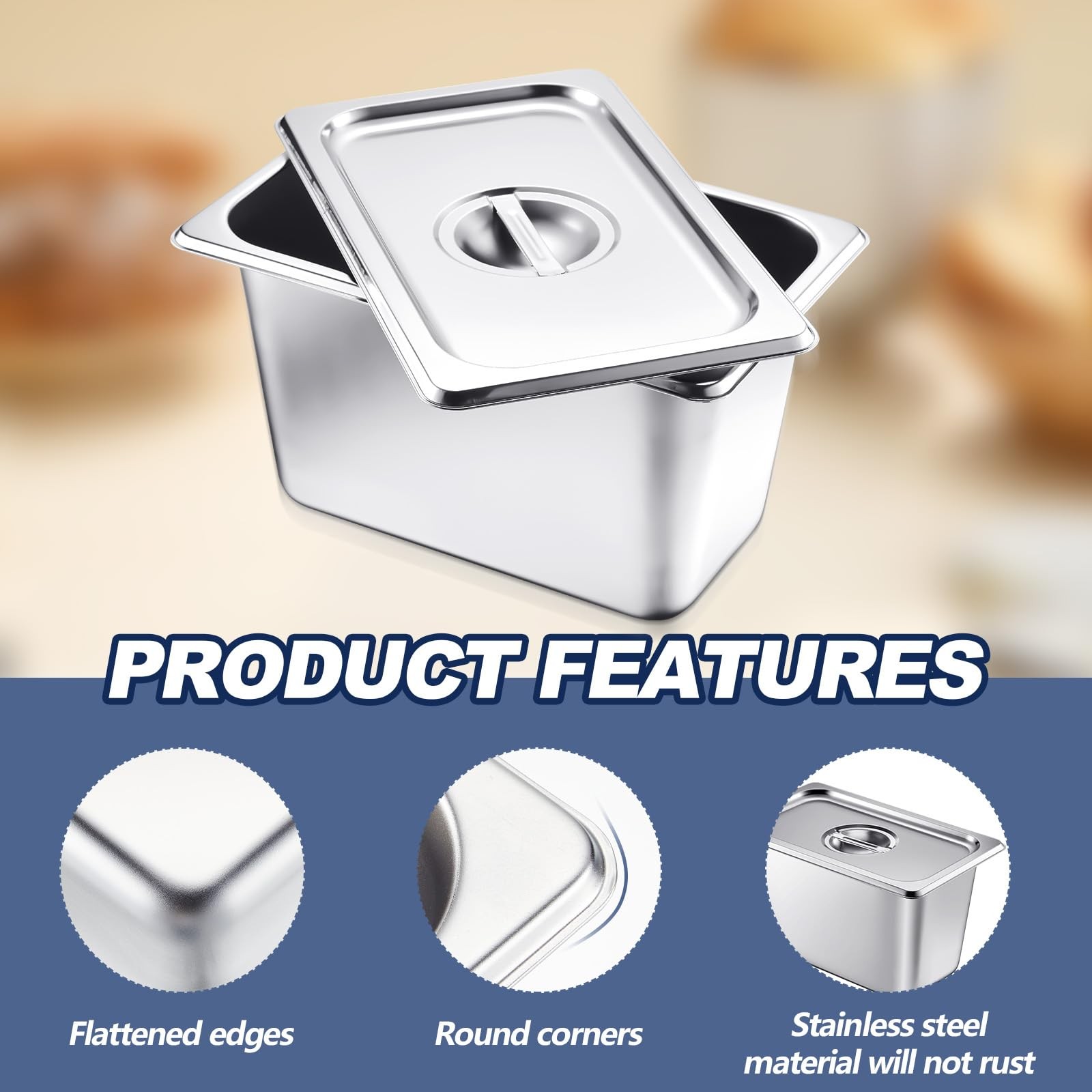 2 PCS 1/4 Size Steam Hotel Pan with Lid 6 Inch Deep Stainless Steel Tray