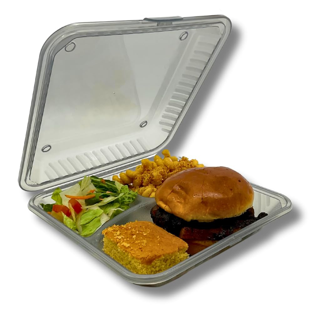 Reusable to Go Take Out Container, 3-Compartment, BPA Free, 9″ x 9″ x 2.5″, Smok
