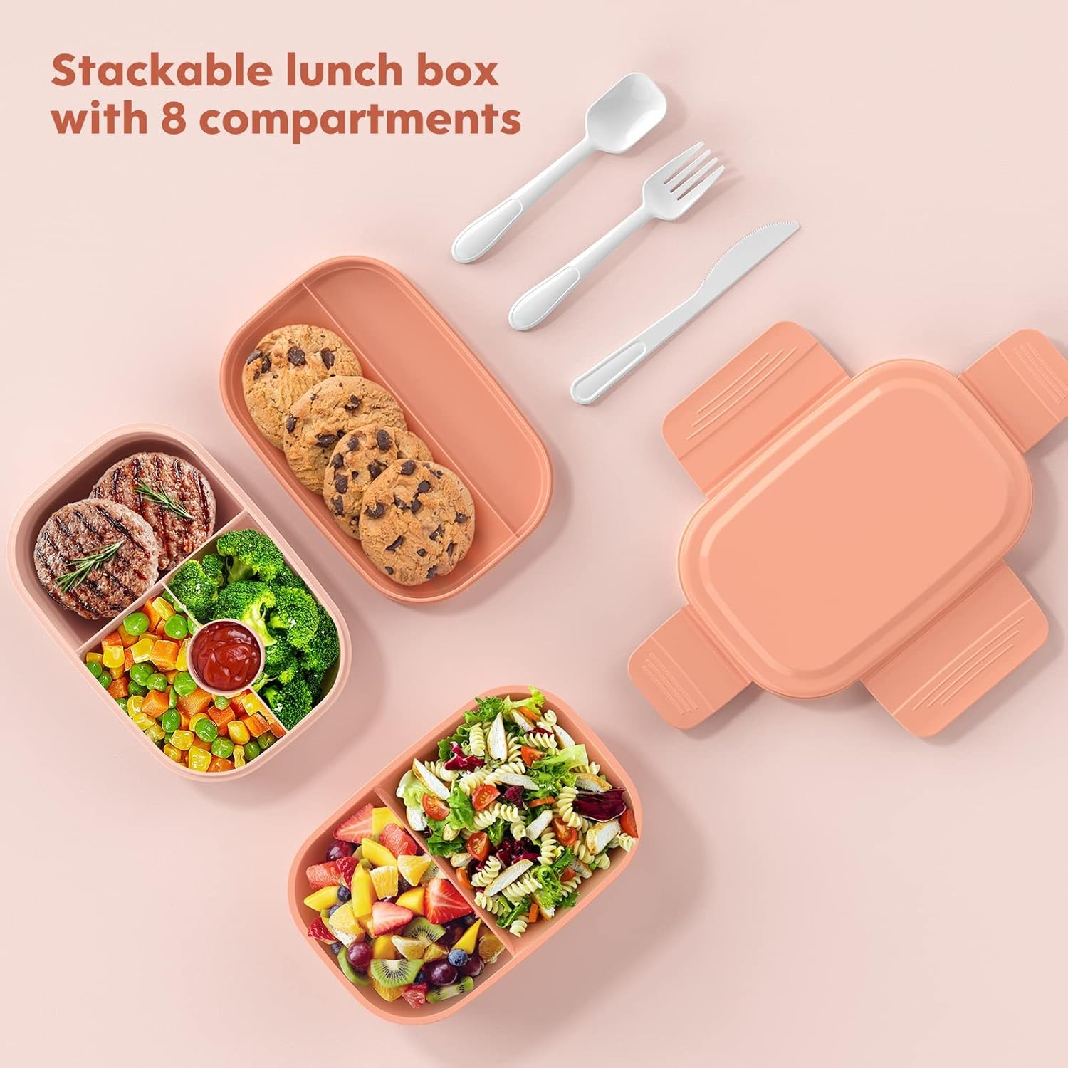 Bento Box Adult Lunch Box,3 Stackable Containers 1900 ml, Pink