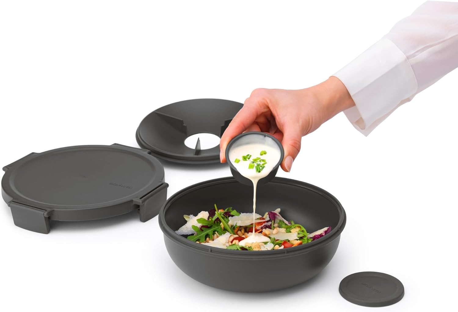 Make & Take Salad Bowl W/ Removable Tray Toppings & Dressings Dark Gray 100%