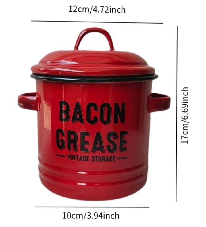 Enamel Bacon Grease Canister Pot with Lid – Rustic Large Capacity Vintage Look