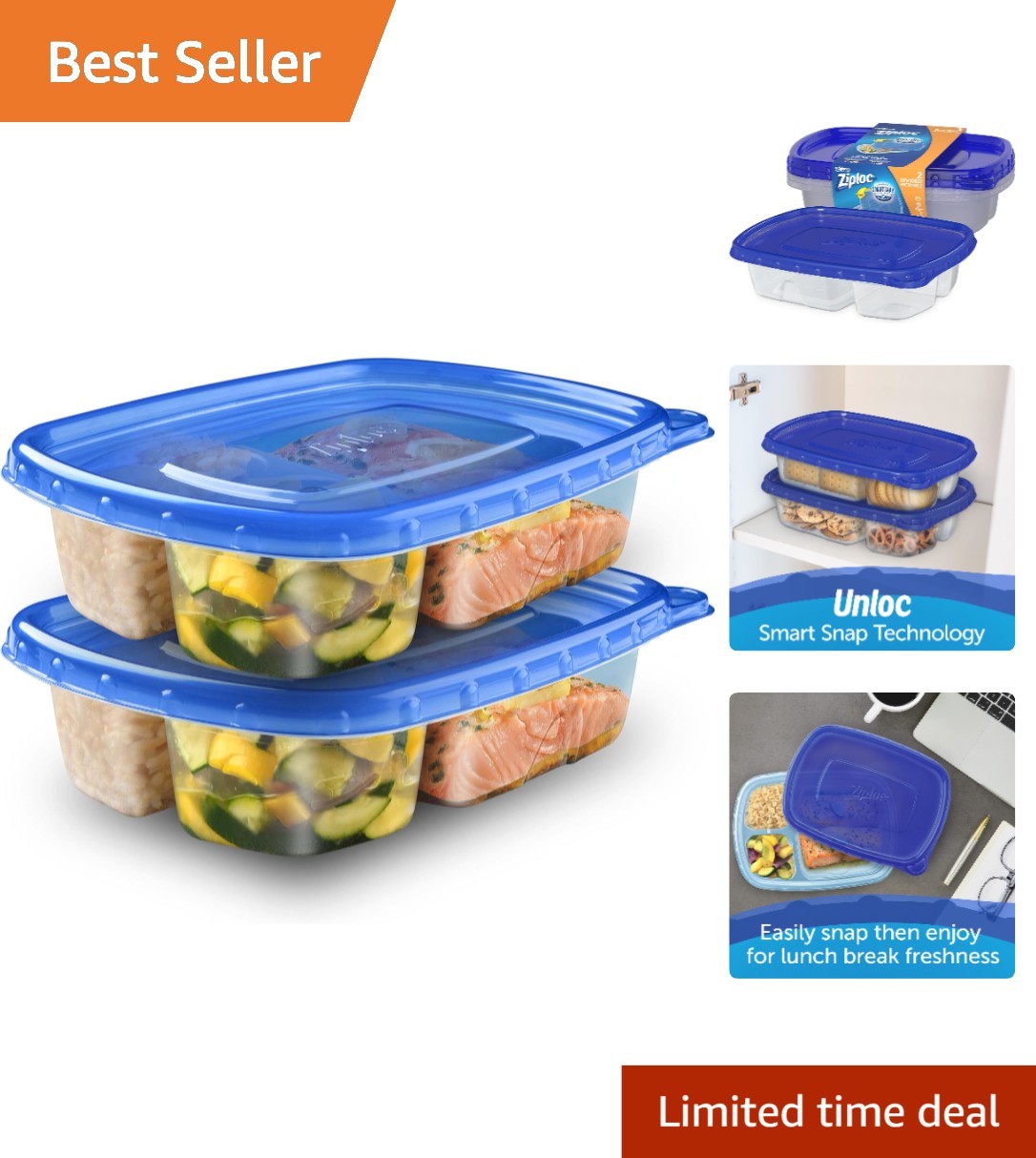 Smart Snap Blue Meal Prep Containers – 2 Pack, Leak-Resistant & Dishwasher Safe