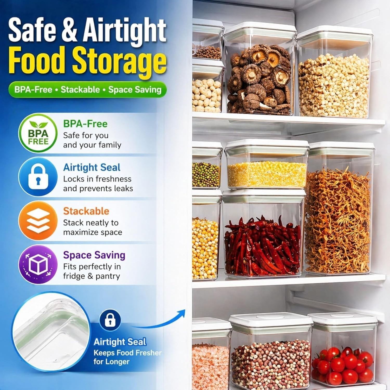 Airtight Food Storage Pop Containers with Lid 6 Pack BPA Free (0.5, 1.2, 1.8 Qt)