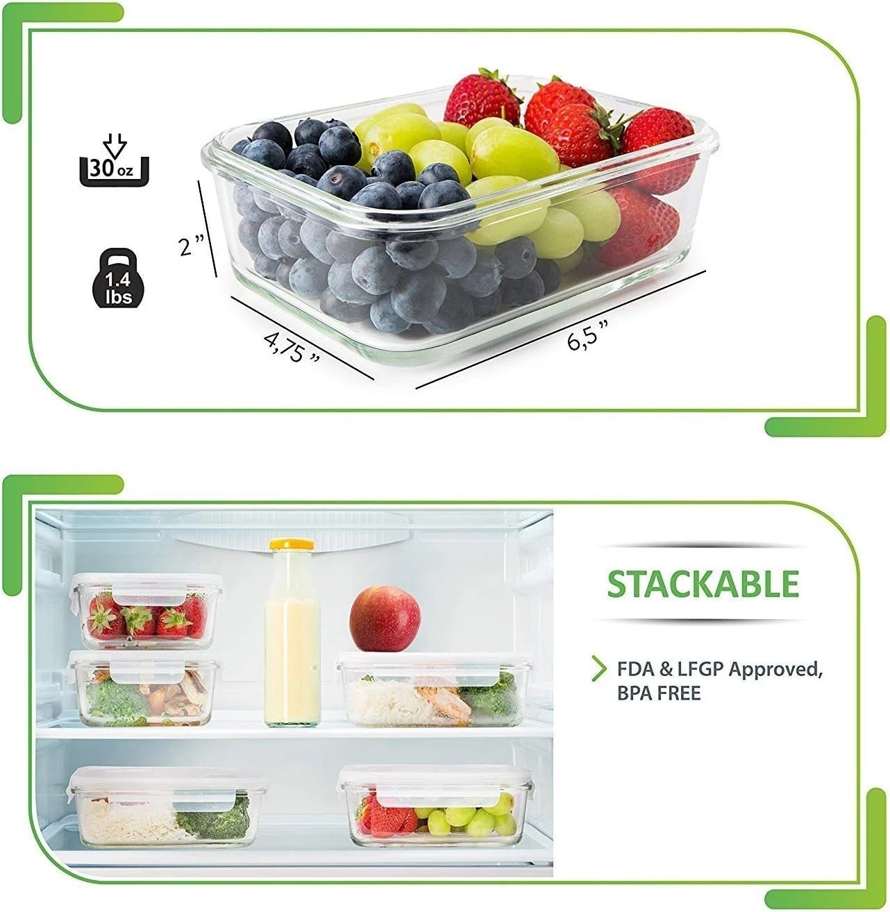 Glass Food Storage Containers 30 Oz Set of 5 Leakproof and Oven Safe