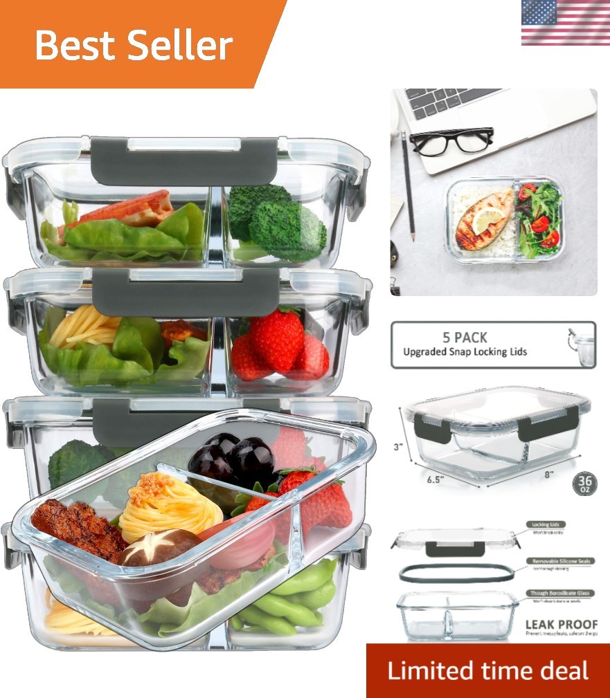 5-Pack,36 Oz] Glass Meal Prep Containers 2 Compartments Portion Control with …