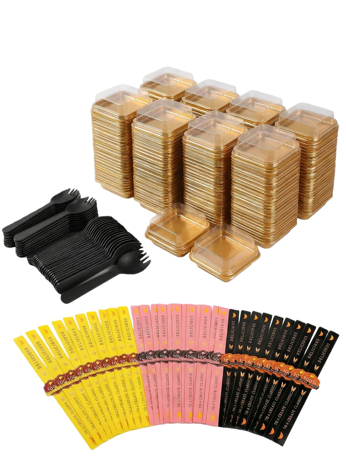 Wuqoioo Mini Cake Box, 100 Pack Clear Plastic 3.54 x 1.97 inches, Gold