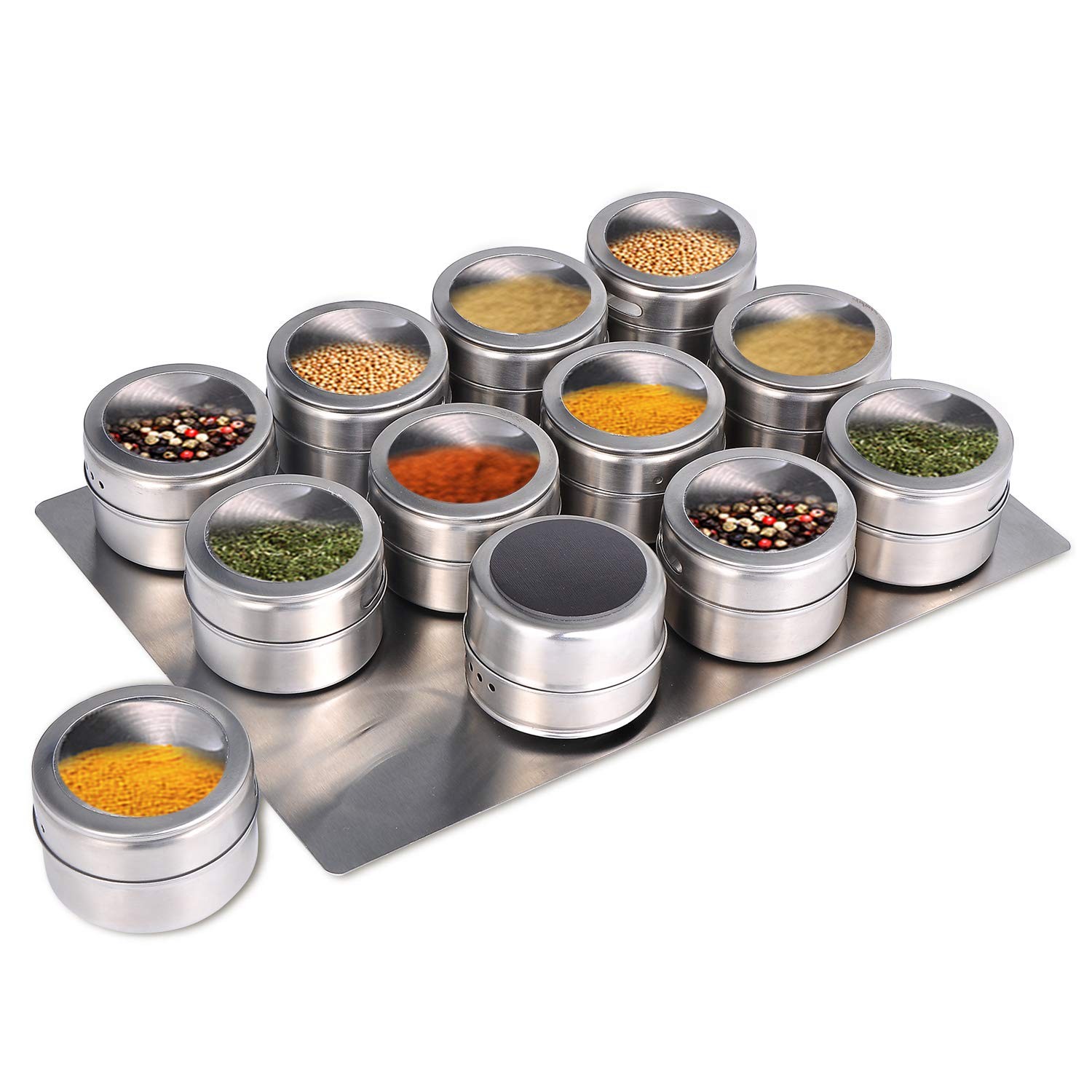 Upgrade Magnetic Spice Jars 12pcs with Wall Mounted,Stainless Steel Spice Tin…