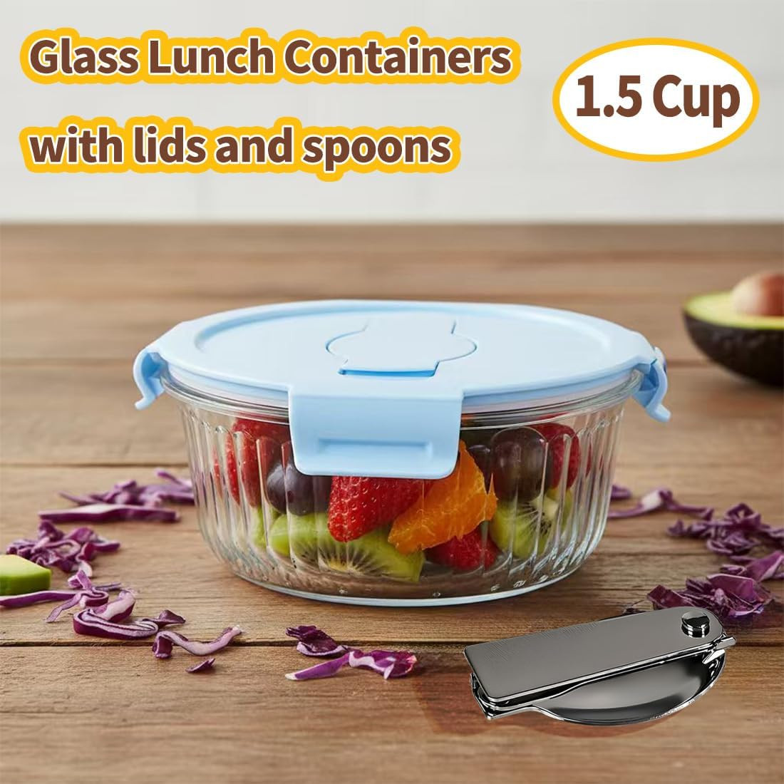 12Oz round Glass Food Storage Containers with Lids and Foldable Cutlery, 1.5 Cup