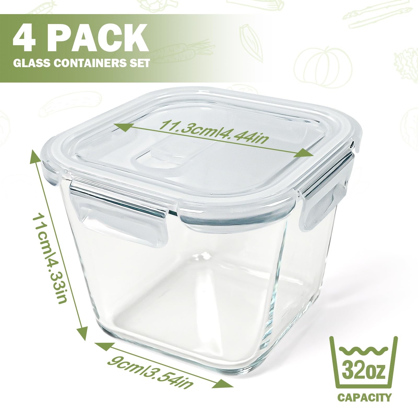 Borosilicate Glass Food Storage Containers, 32 oz, Microwave Freezer Safe, 4