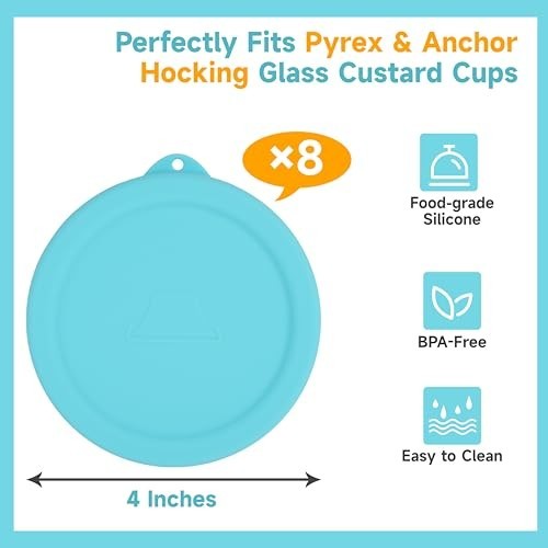 8 PCS Silicone Food Storage Lids for 6oz Glass Custard Cups, Dishwasher Safe Cov