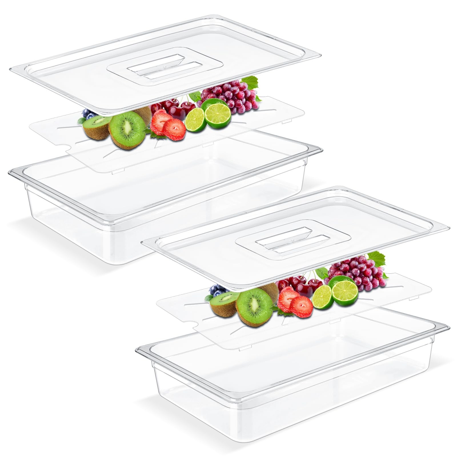 2 Pack Full Size Pet Food Pans Set 4” Deep Clear Hotel Pans with Lids and Dr…