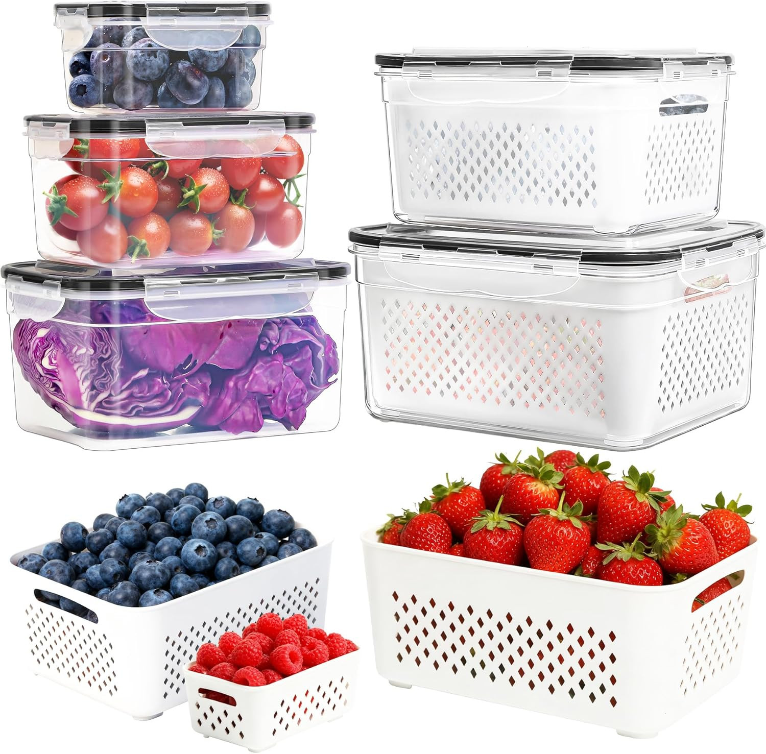 5-Pack Large Fruit Storage Containers for Fridge with Removable Colander, 2 i…