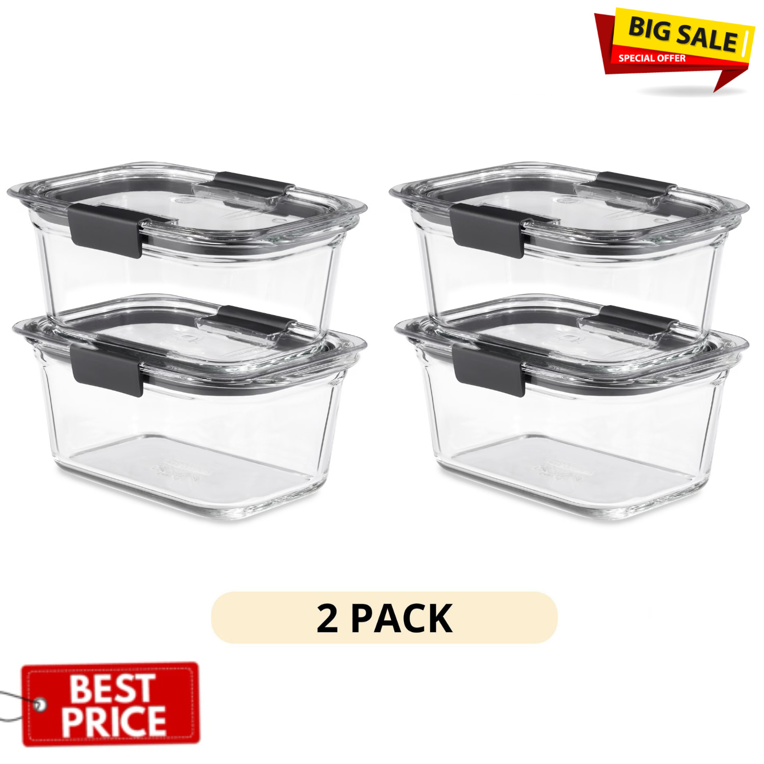2 Pack Rubbermaid Brilliance Glass Food Storage 2Pk 4.7Cup Leak Proof BPA Fre