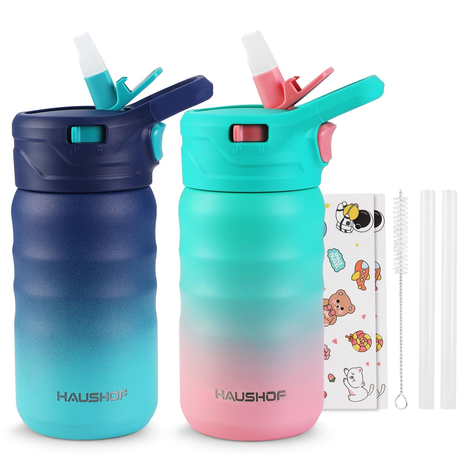 Haushof Kids Water Bottle 2-Pack 12 Oz Bpa-Free Straw And Stickers Stainless