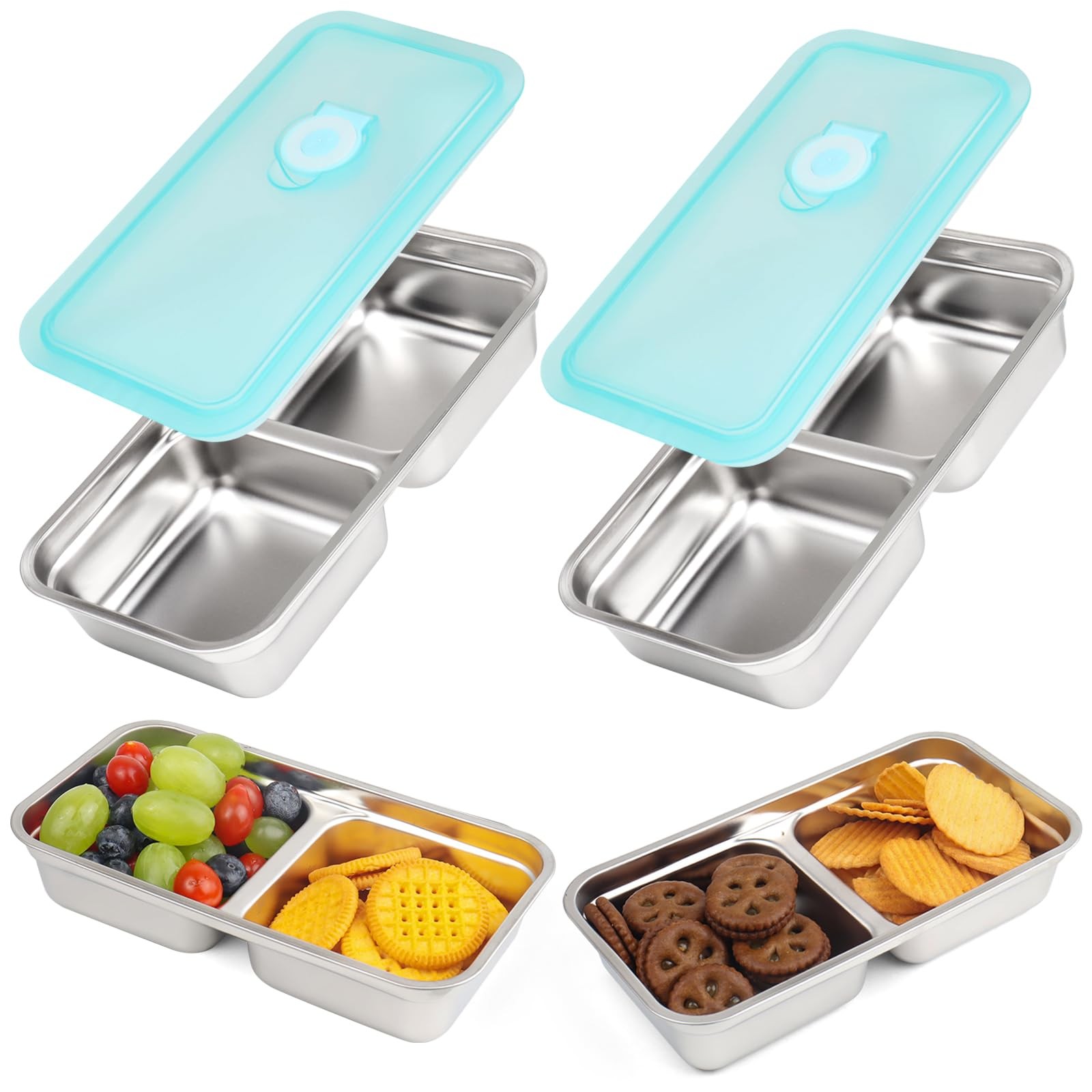 2 Pack Stainless Steel Containers, Snack Storage, Double Compartment, Silver