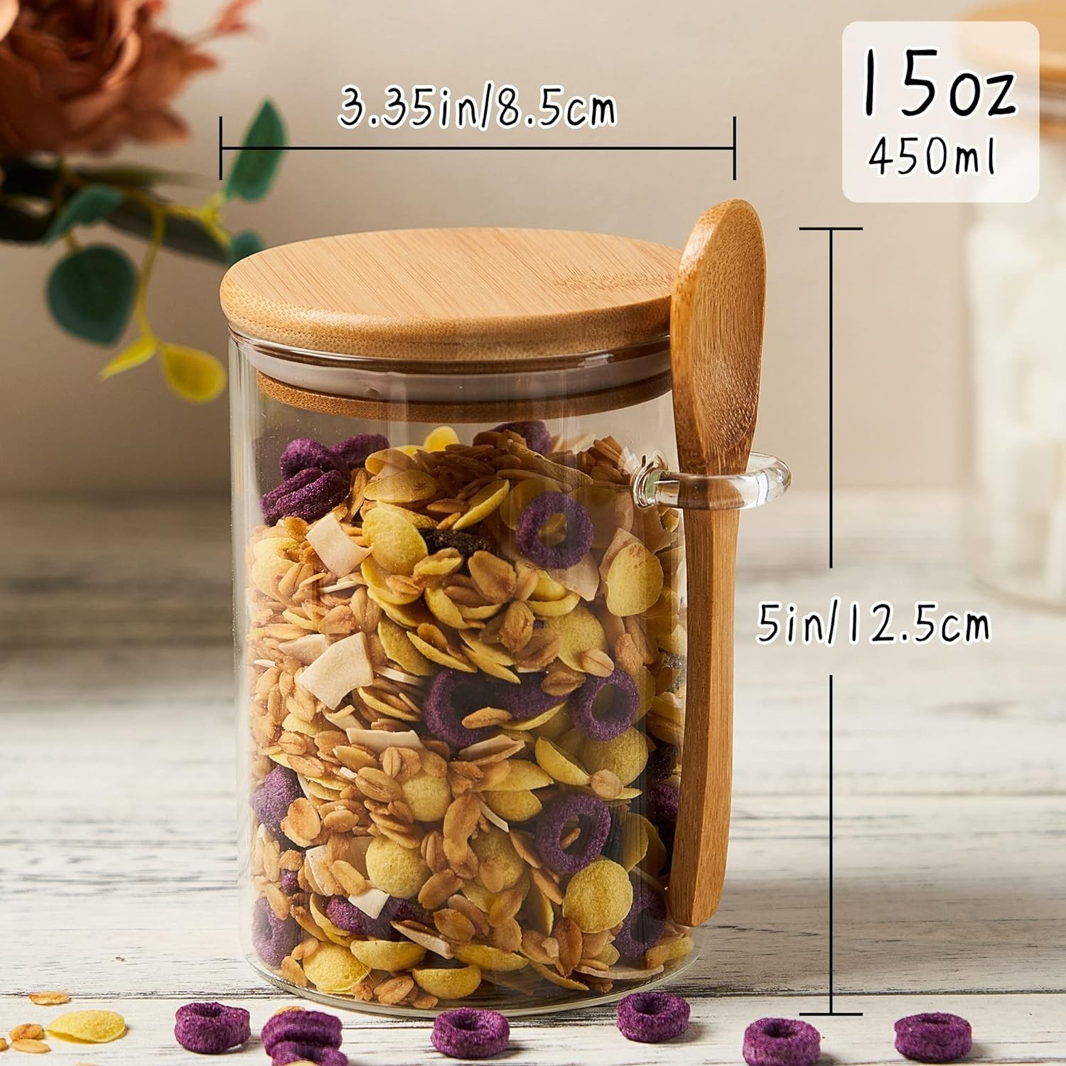 Elegant 15oz Glass Sugar Jar with Bamboo Lid & Spoon – Airtight Kitchen Canister