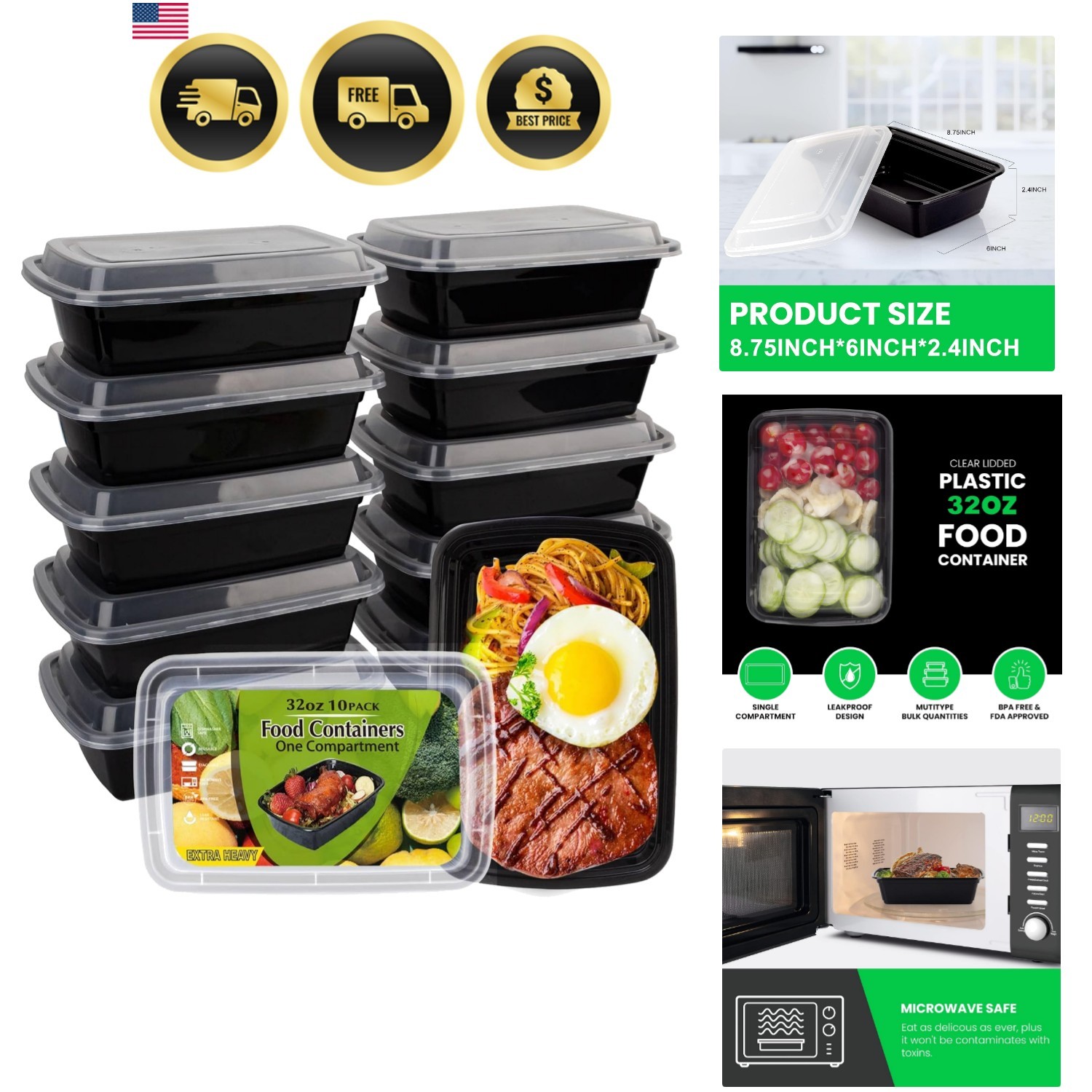 Meal Prep Containers 10 Pack Food Storage Boxes with Lids Reusable Leakproof