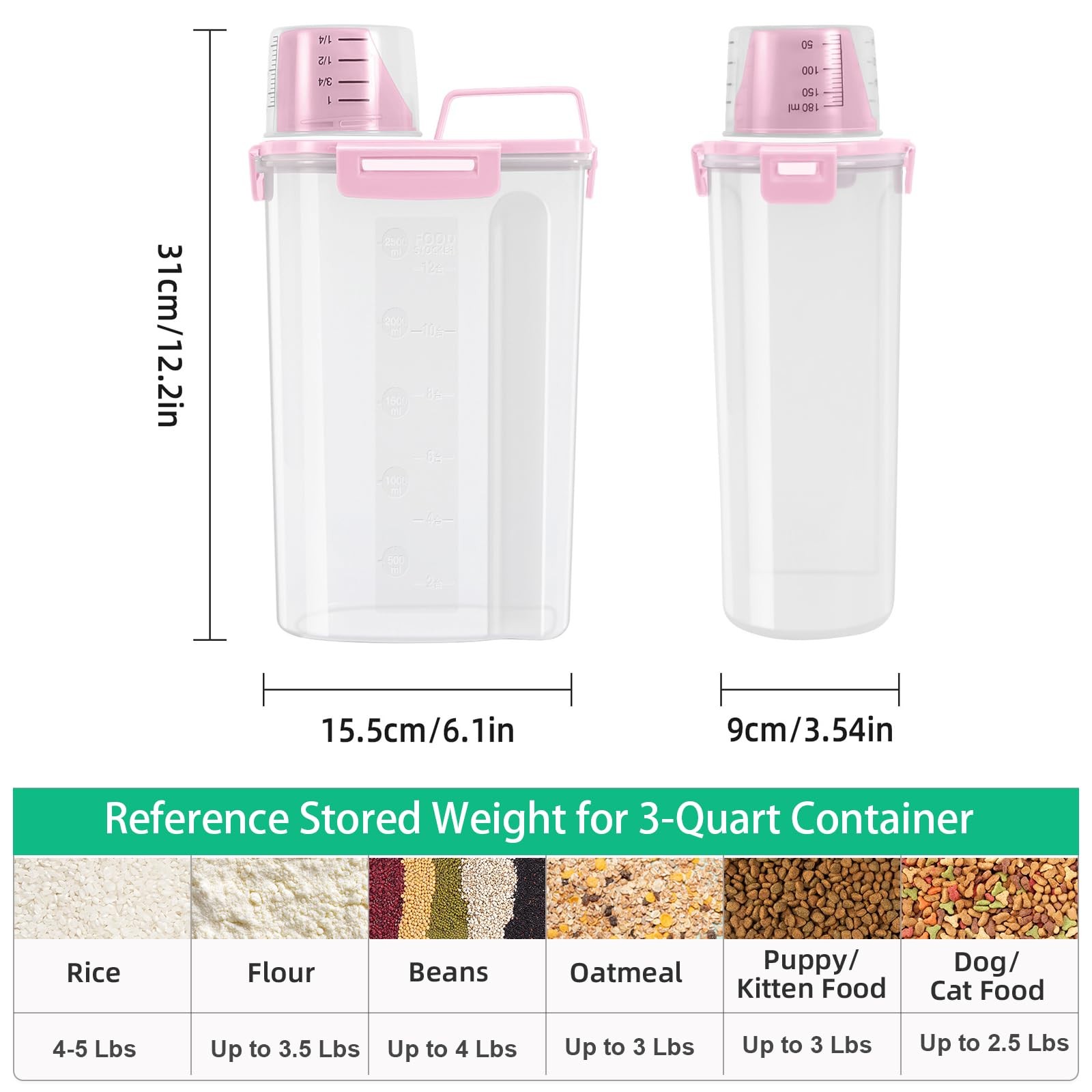 TBMax Rice Container 2 Pack 5 Lbs Cereal Storage, Pink 3+3Qt