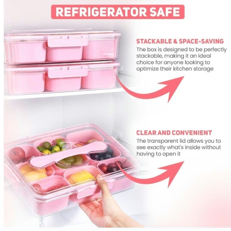 La Onirique Pink Divided Serving Tray w/ Lid & Handle Multi-Purpose Snackle Box