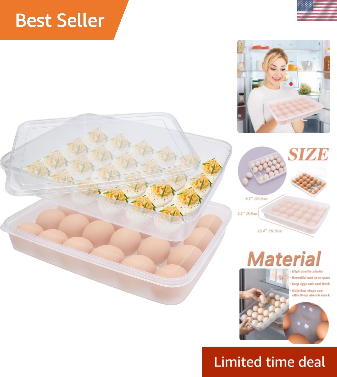 2 Pack Covered Egg Holder,Clear Egg Holder Storage Container,Stackable Plasti…