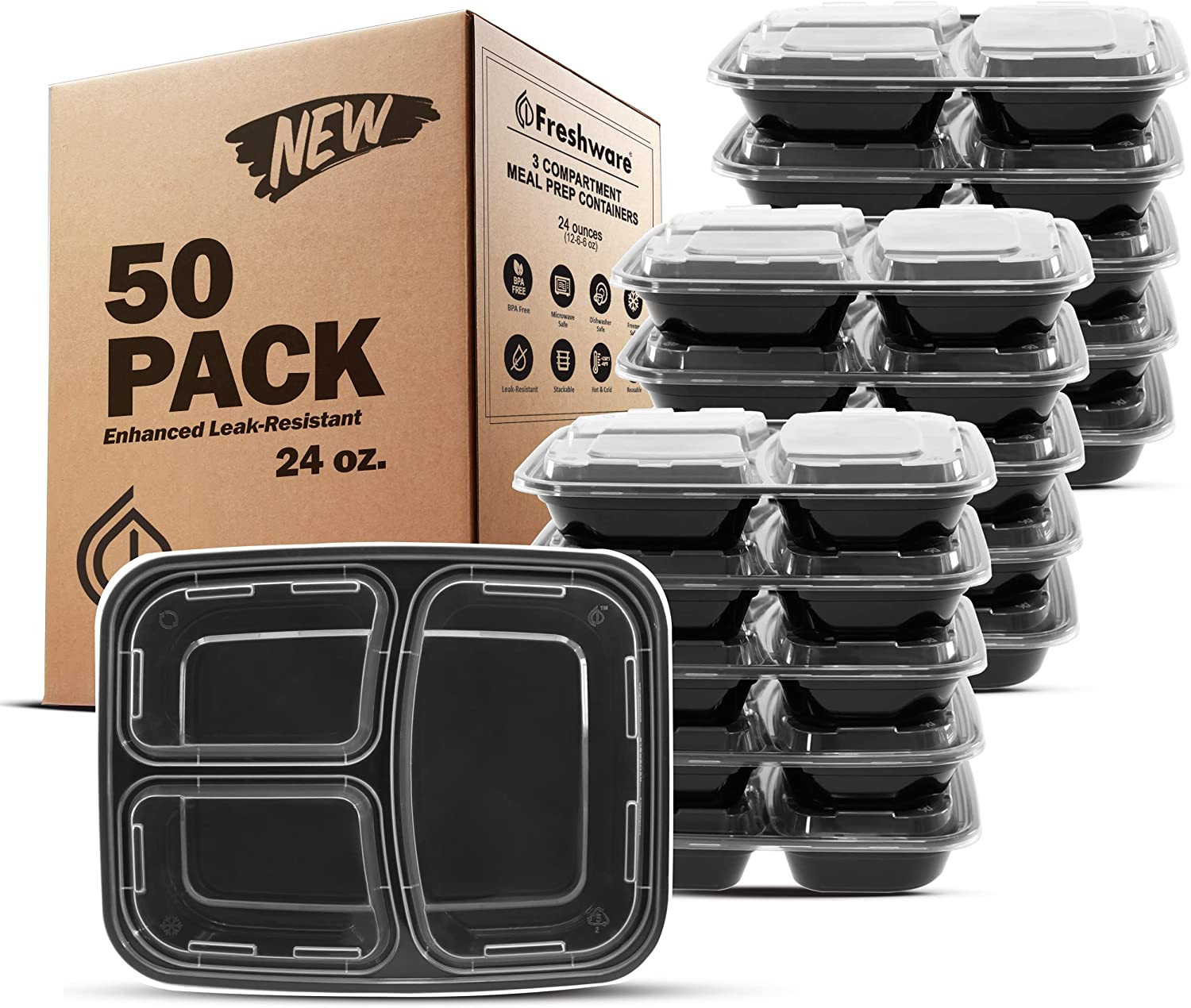 Freshware Meal Prep Containers [50 Pack] 3 Compartment Food Storage Containers w