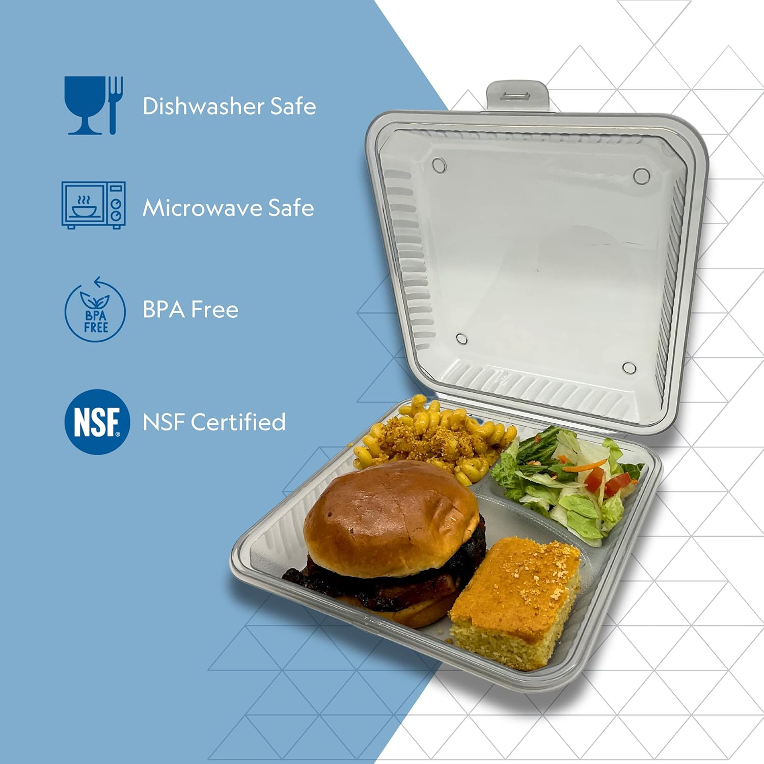 Reusable to Go Take Out Container, 3-Compartment, BPA Free, 9″ x 9″ x 2.5″, Smok
