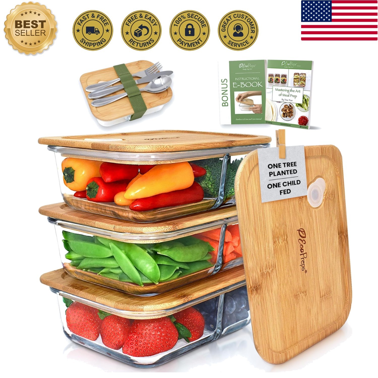 Glass Meal Prep Containers with Bamboo Lids, 2 Compartment Glass Bento Box Co…