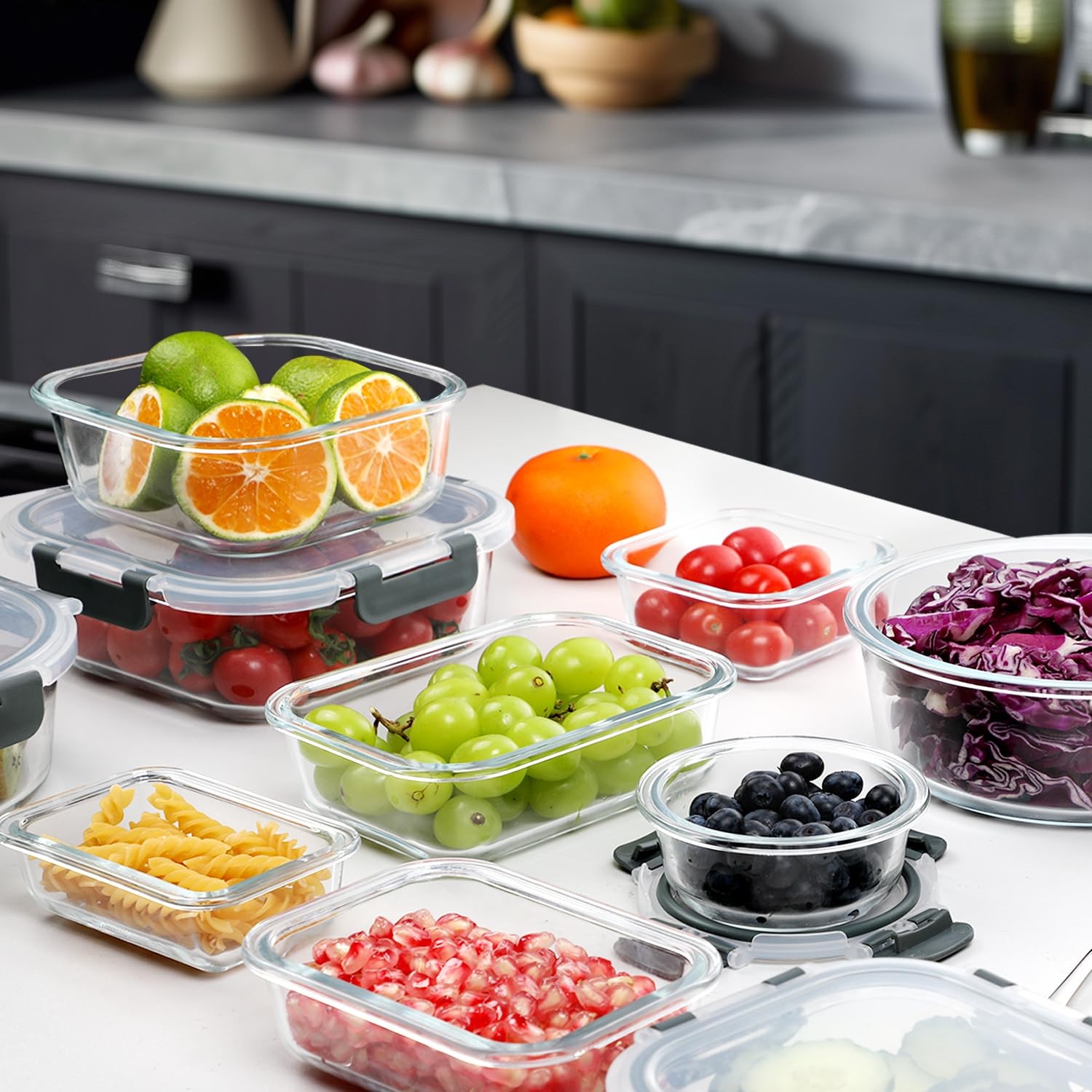 VERONES 30 Pieces Glass Meal Prep 16 inches (L) x 8 (H), Gray