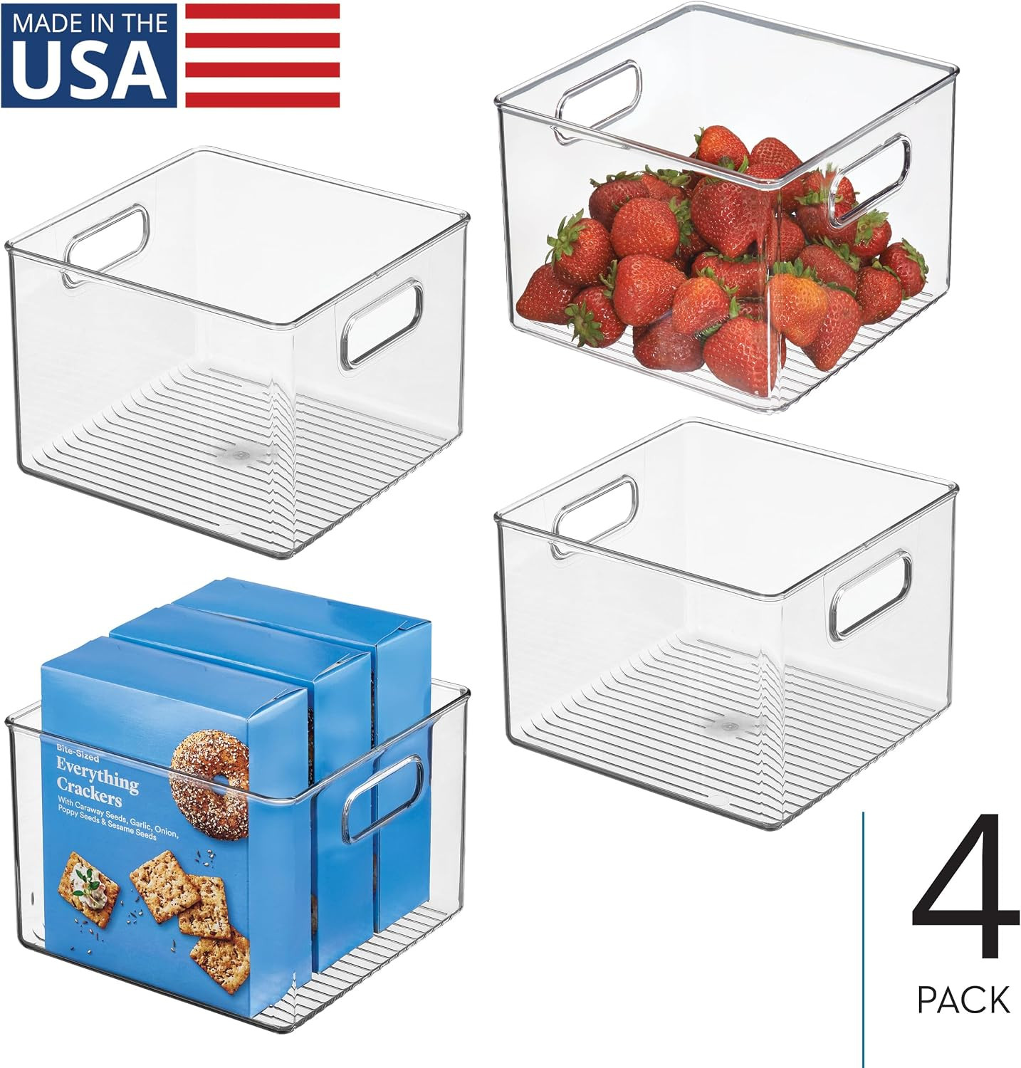 Clear Plastic Storage Bins, 4-Pack | for Kitchen Pantry and Fridge, for Cabinets