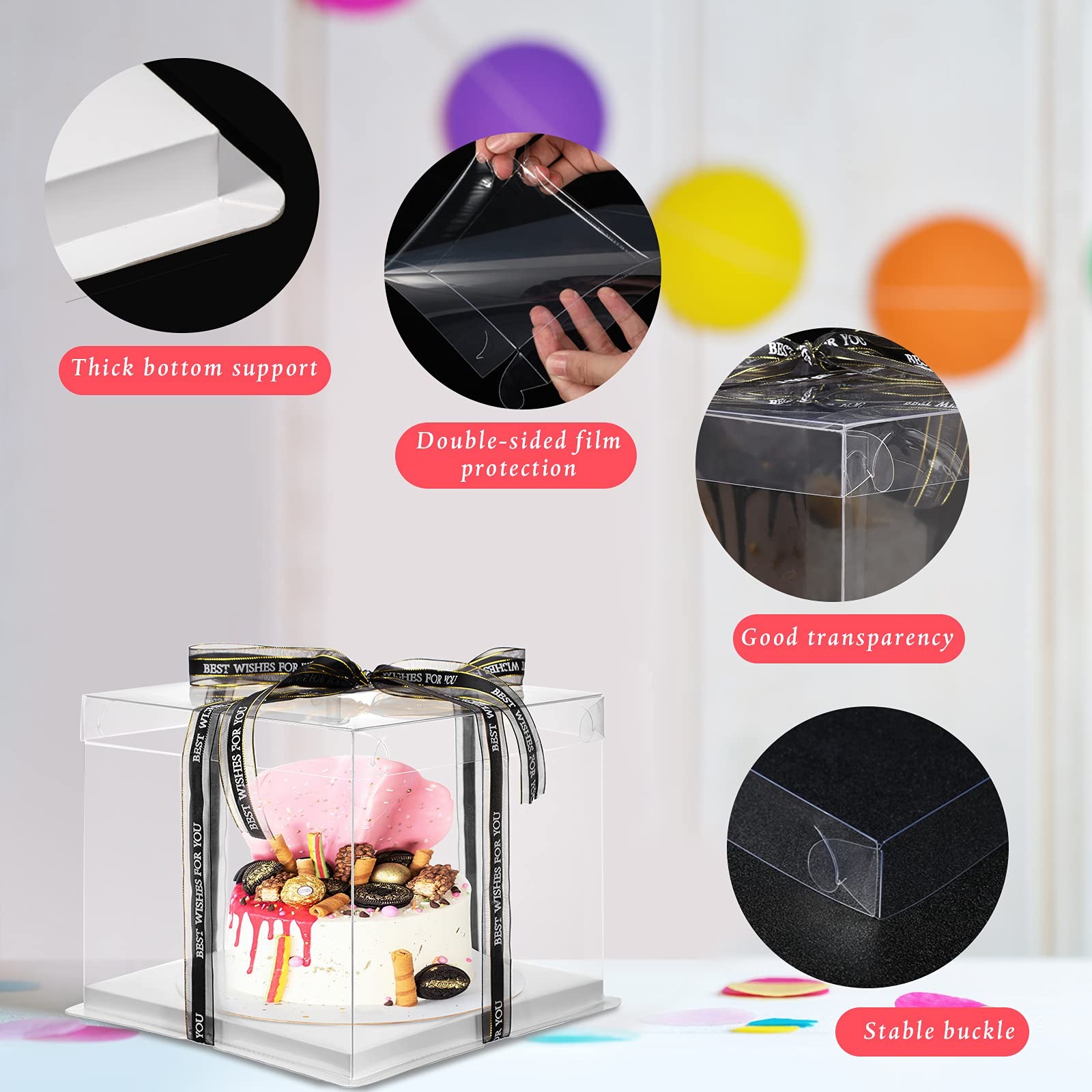 4 Pcs Clear Cake with Ribbon 10 x 10 x 9 Inch Transparent Tall Cake Carrier w…