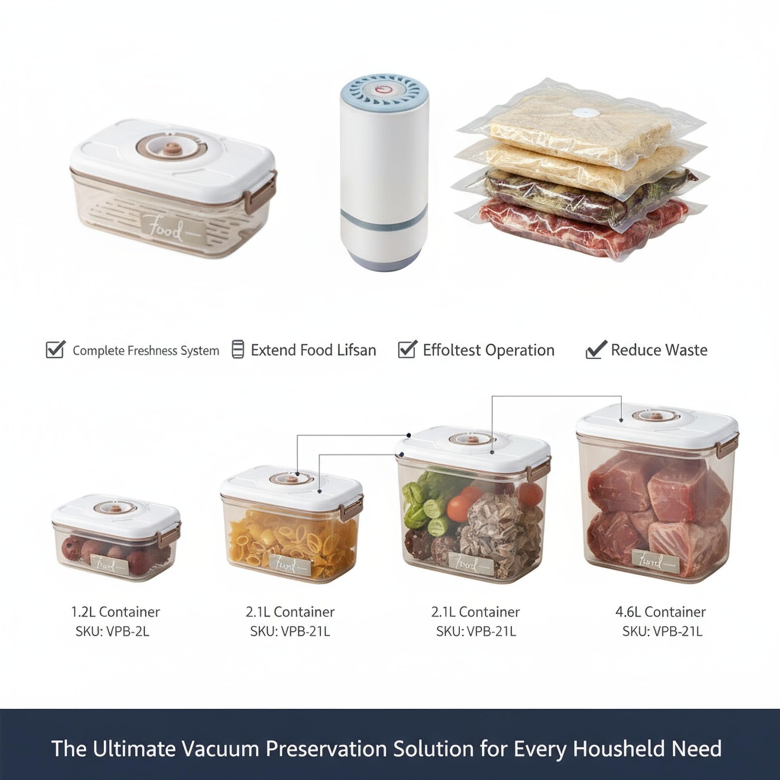 Vacuum Container,Vacuum Seal 1.2L, 2.1L, 2.7L, 4.6L, Transparent