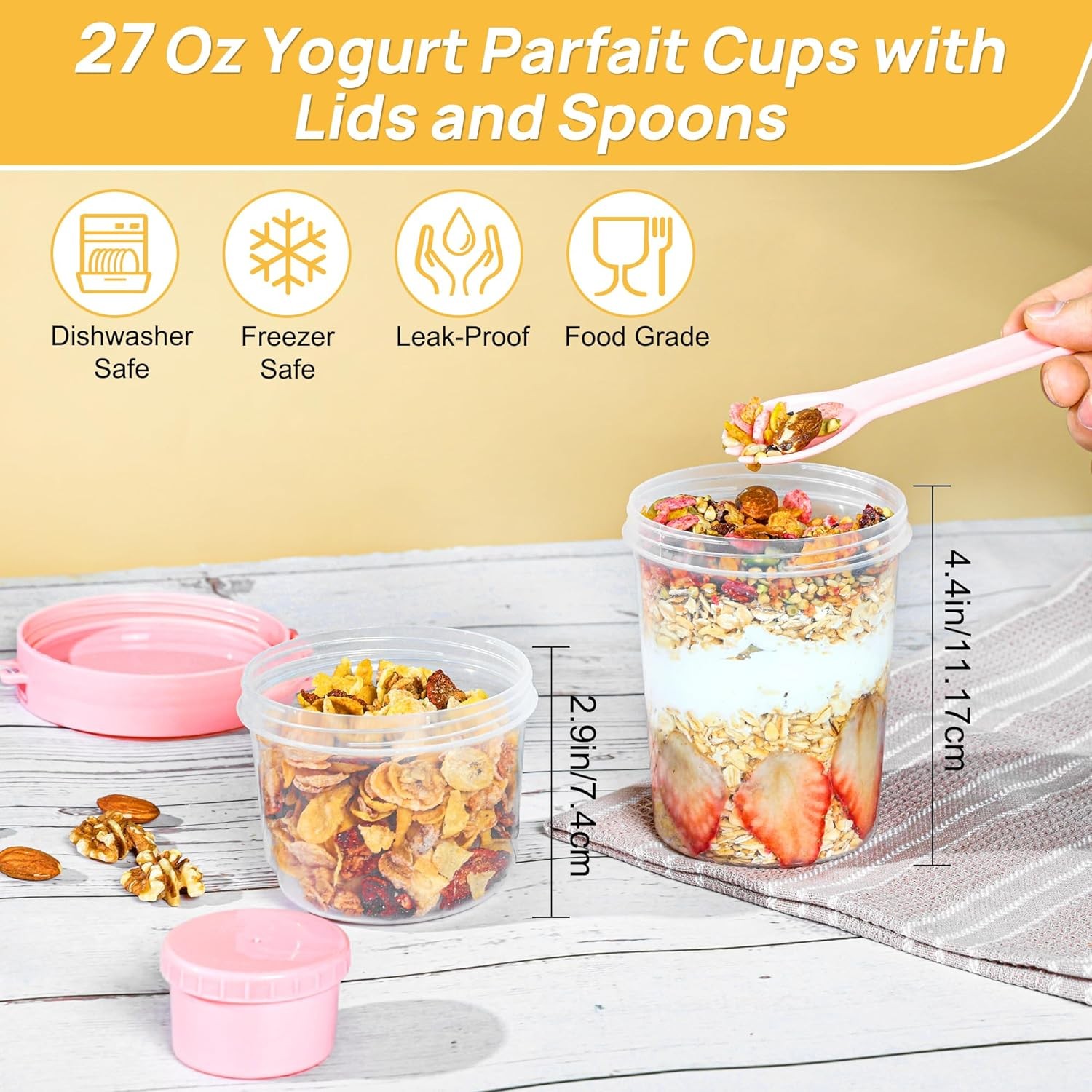 4 Pack 27oz Yogurt Parfait Cups W/ Lids & Spoons Overnight Oats Containers