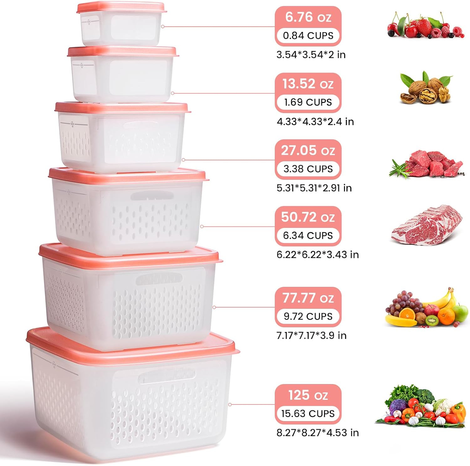 6-Piece Fruit Storage Containers for Fridge with Lids — Bpa-Free Produce & Salad
