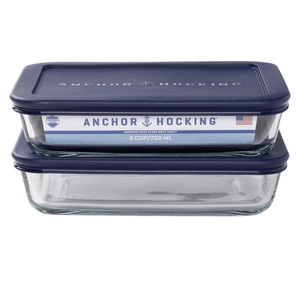 Glass Food Storage Container 3 Cup Rectangular Set of 2 with Lids
