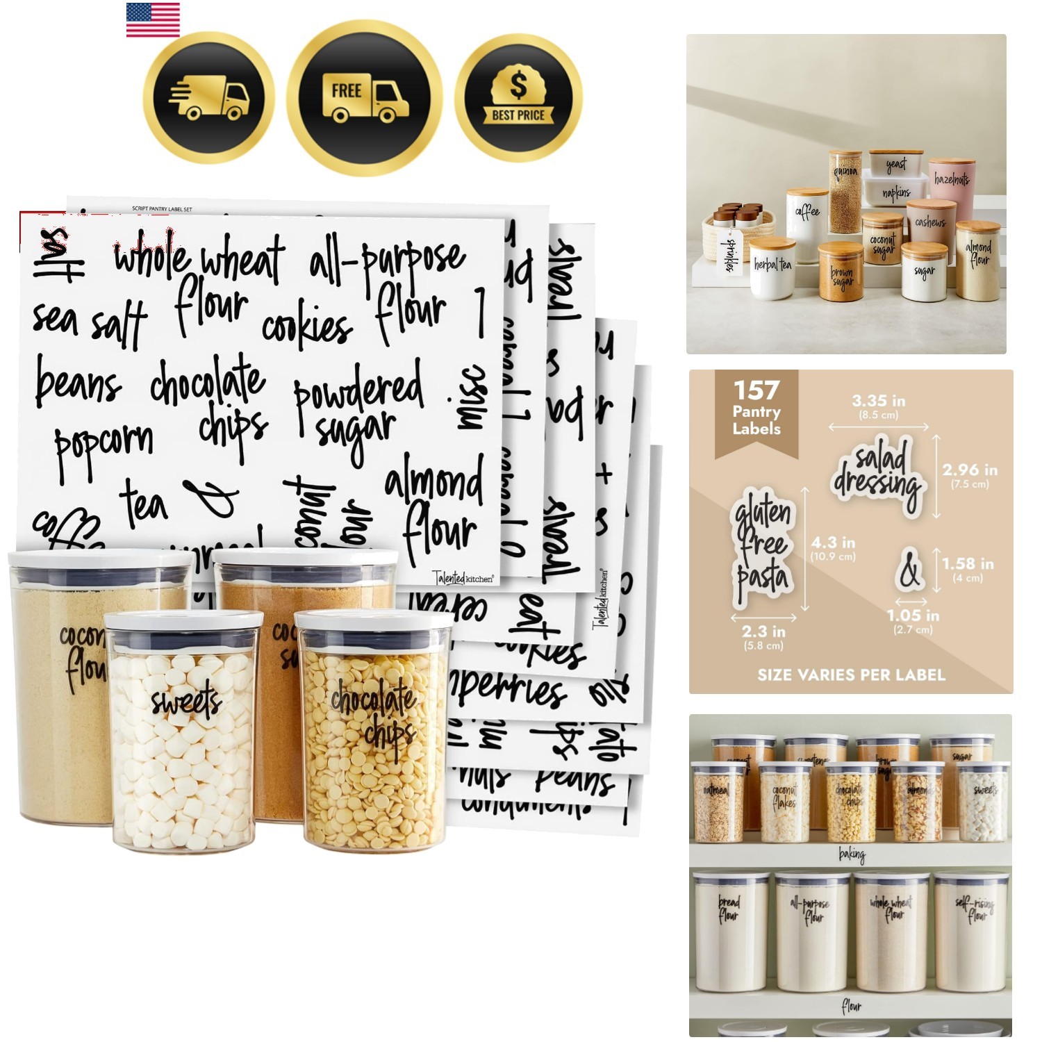Pantry Labels for Food Containers – 157-Piece, Black Script Vinyl – Jar & Bin…