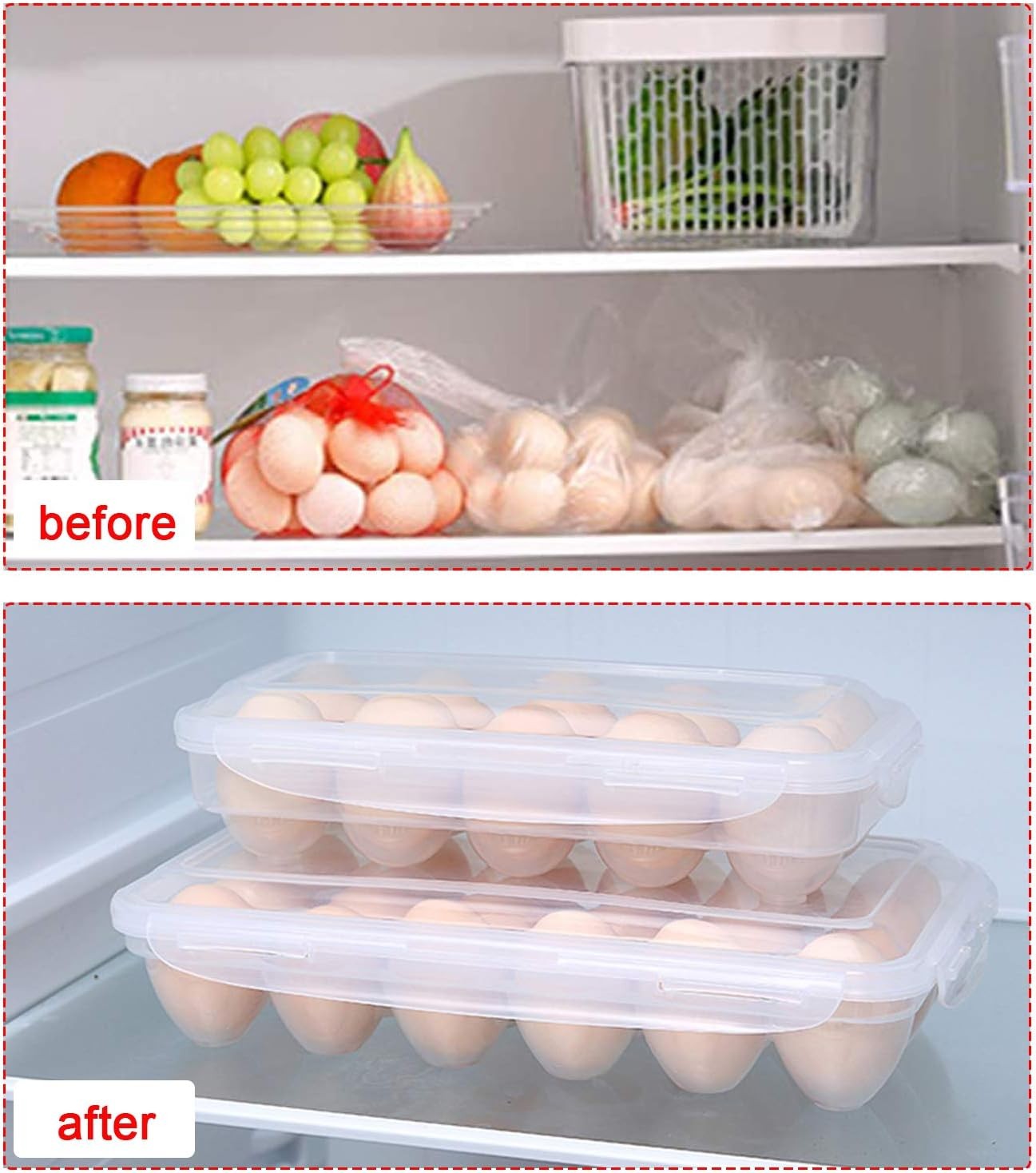 2 Pack Covered Egg Holders For Refrigerator, Plastic Storage Container