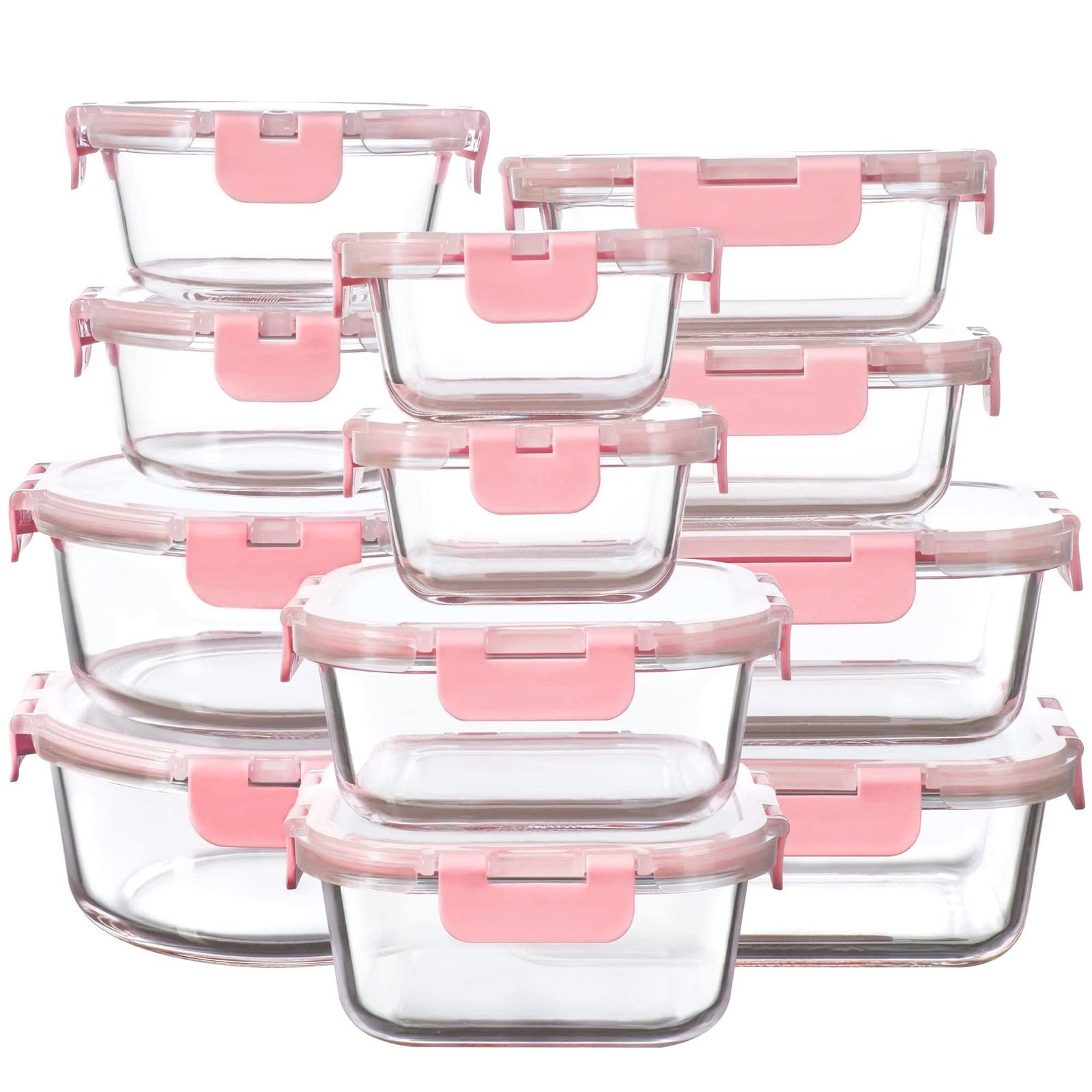 FAWLES 12 Pack Glass Storage Containers with Lids, Leak-Proof Meal Prep Pink