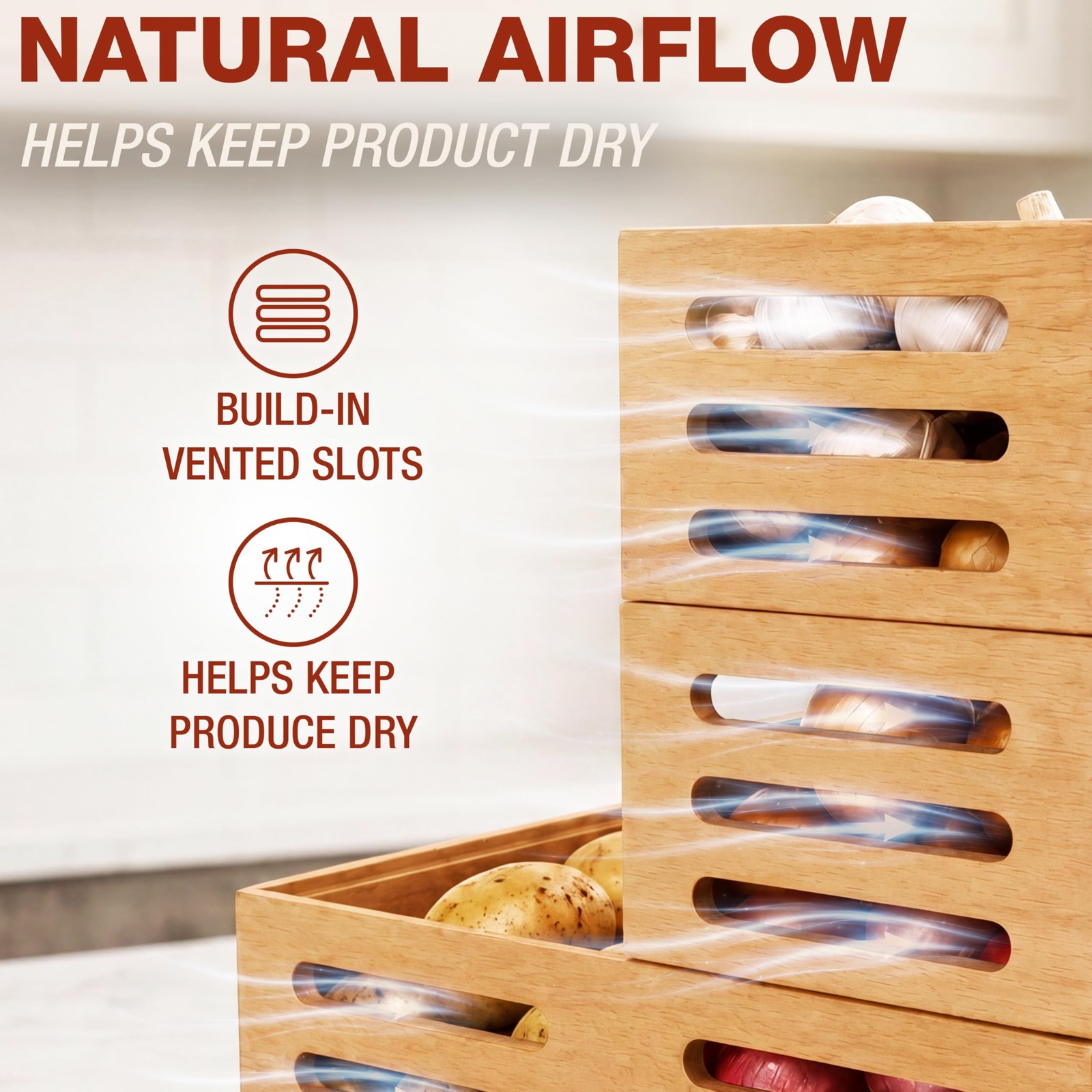 Stackable Solid Wood Storage Bins for Pantry & Countertop, Ventilated Potato …