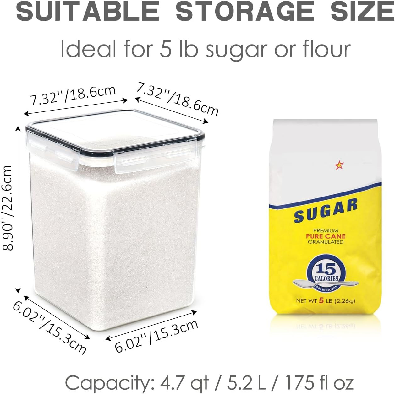 Large Food Storage Containers with Lids Airtight 5.2L /176Oz, for Flour, Sugar,