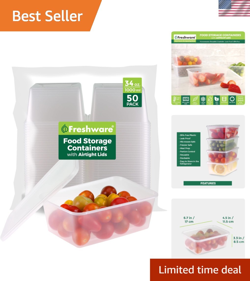 Airtight 34 oz Deli Containers – 50 Count BPA Free, Perfect for Meals & Pet Food