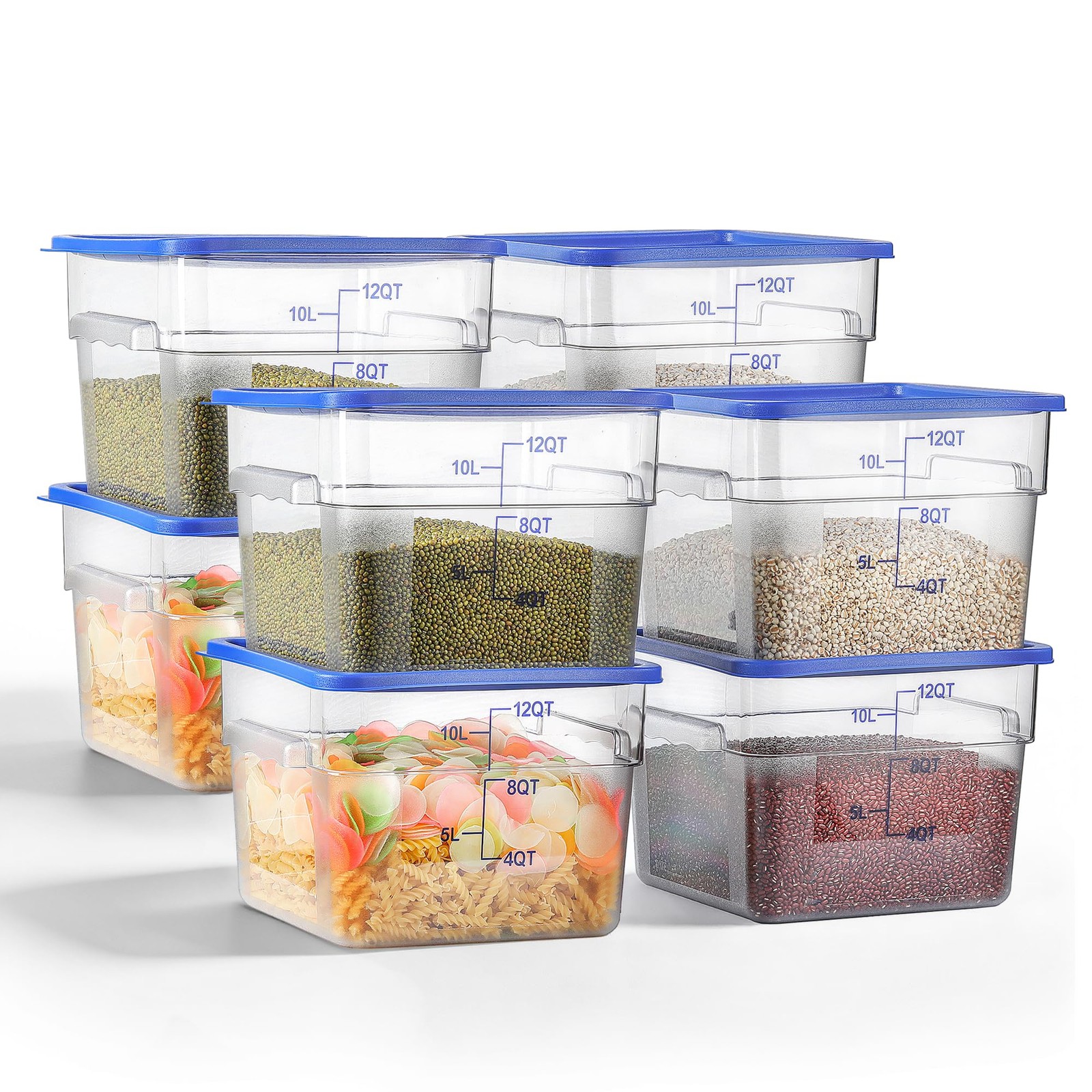 8 Pcs 12 QT Food Storage Container with Blue Lids, Handle BPA-Free Polycarbon…