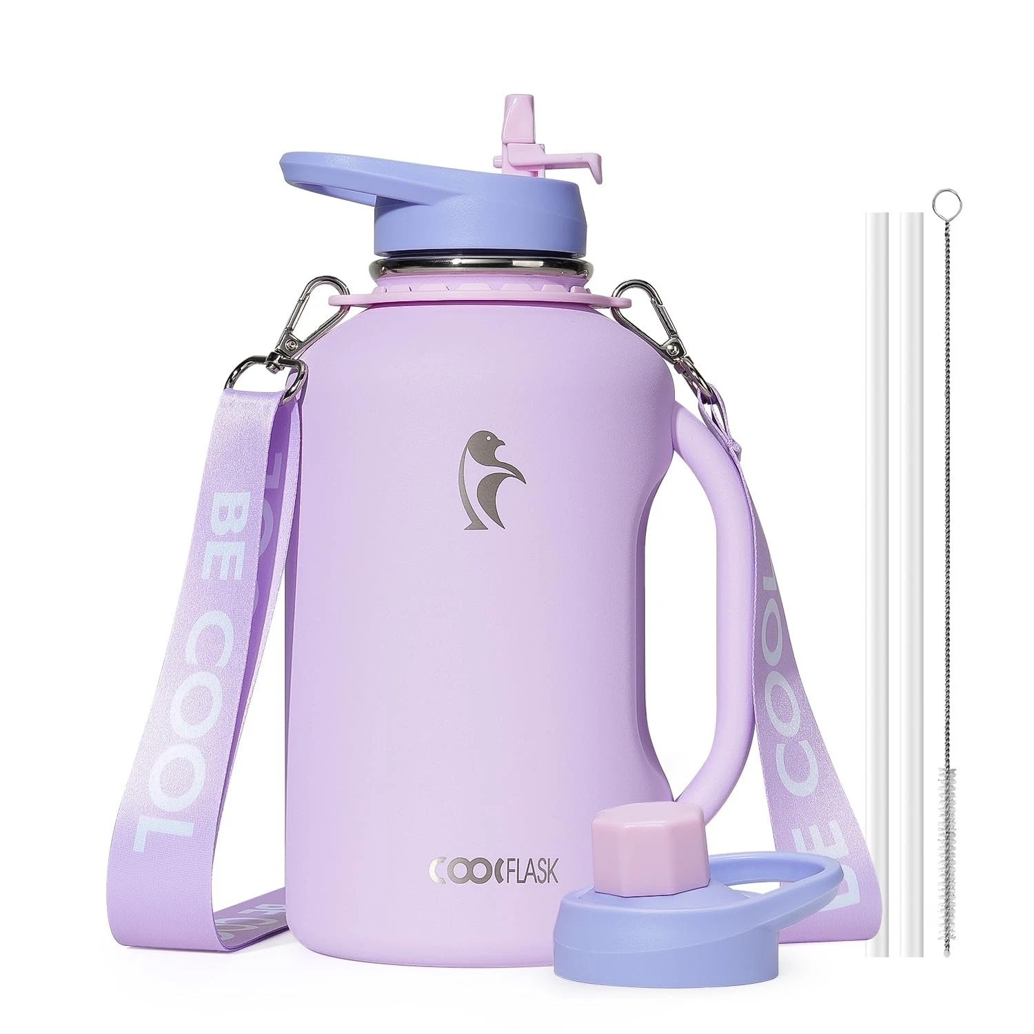 Coolflask Half Gallon Water Bottle Straw 64 Oz Insulated Stainless Steel Lavende