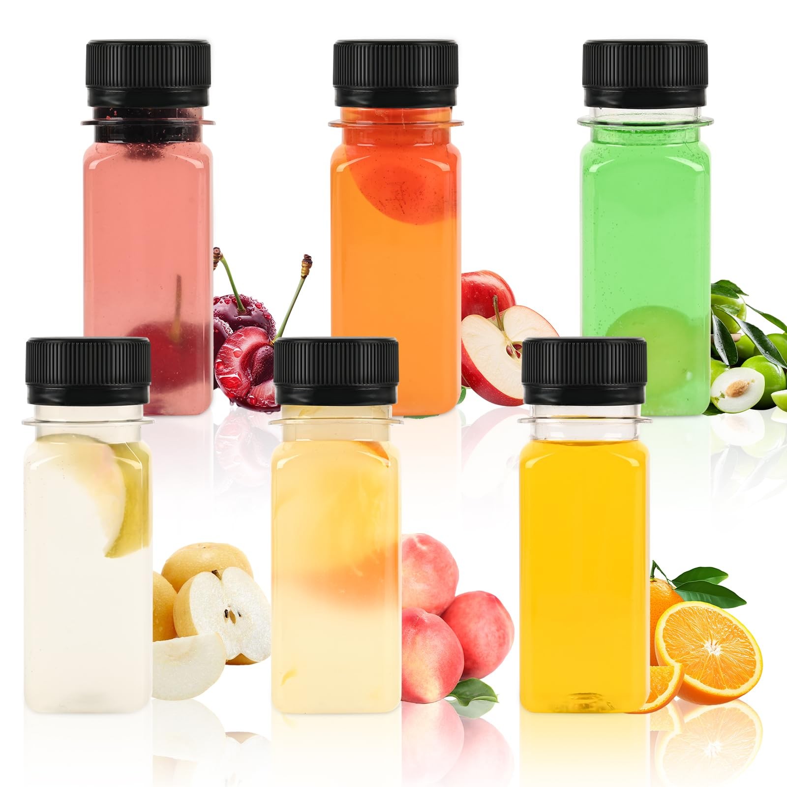 12 Pcs 2 oz Plastic Juice Bottles, Mini Plastic Bottles with Black Lids, Reus…