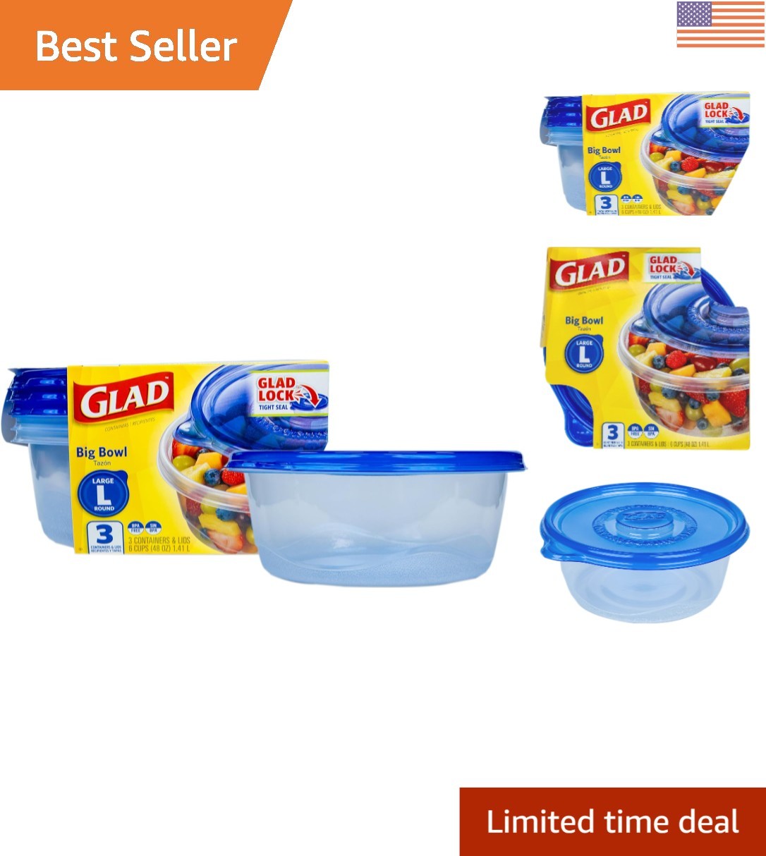 Elegant Blue 48 Oz Round Food Containers for Meal Prep – 3 Pack, Dishwasher Safe
