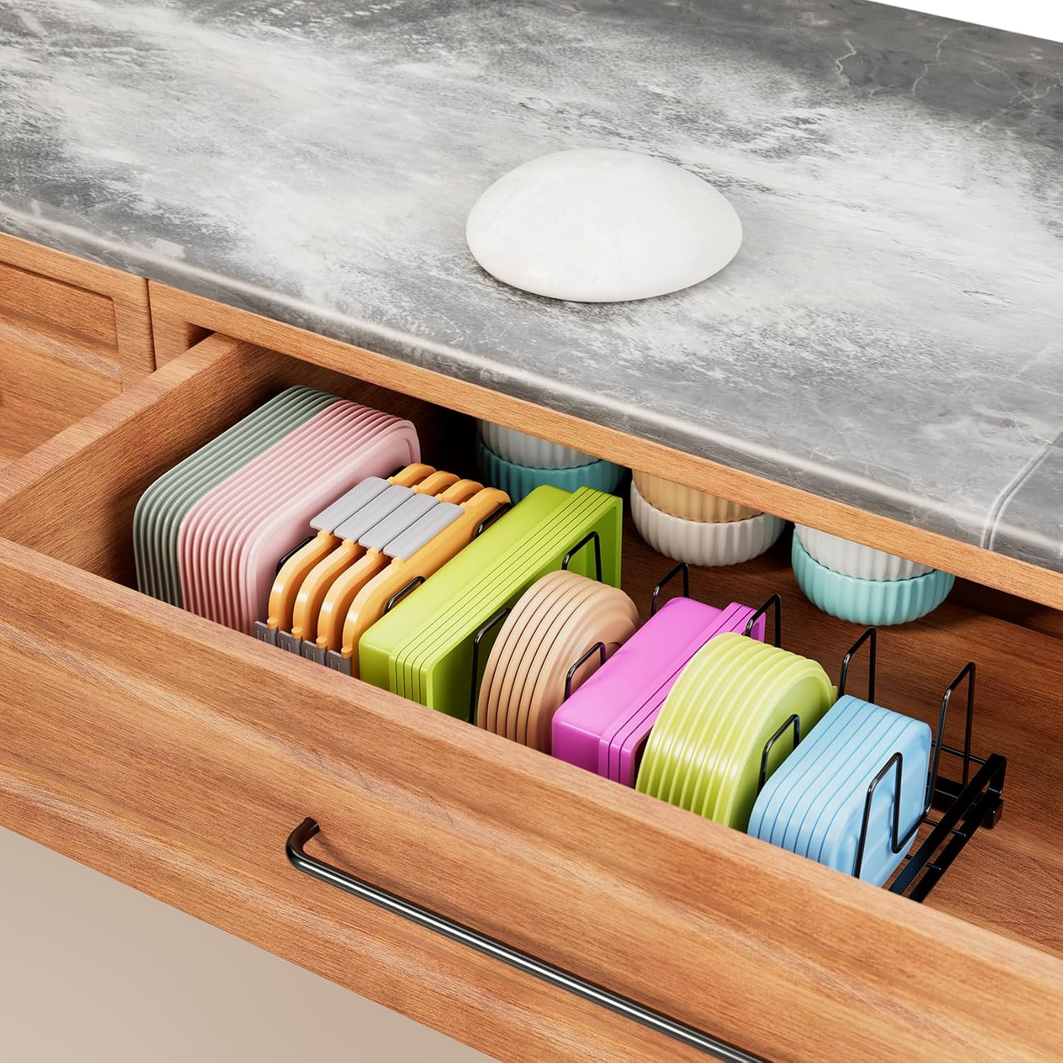 Expandable Food Container Lid Organizer, 9 Adjustable Dividers Sturdy Metal Pot